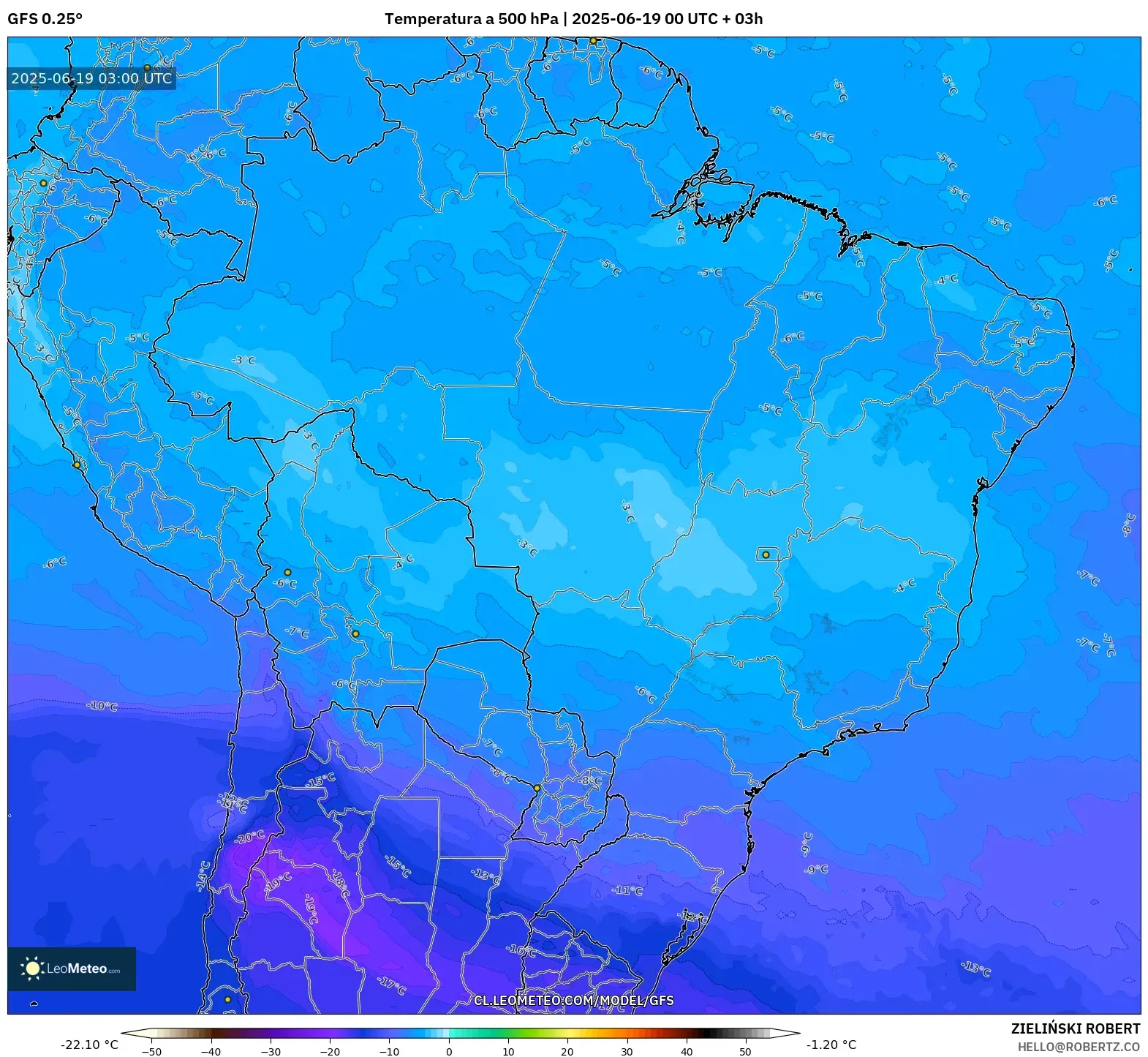 GFS model - Brasil, Temperatura a 500 hPa GFS model - Brasil, Temperatura a 500 hPa