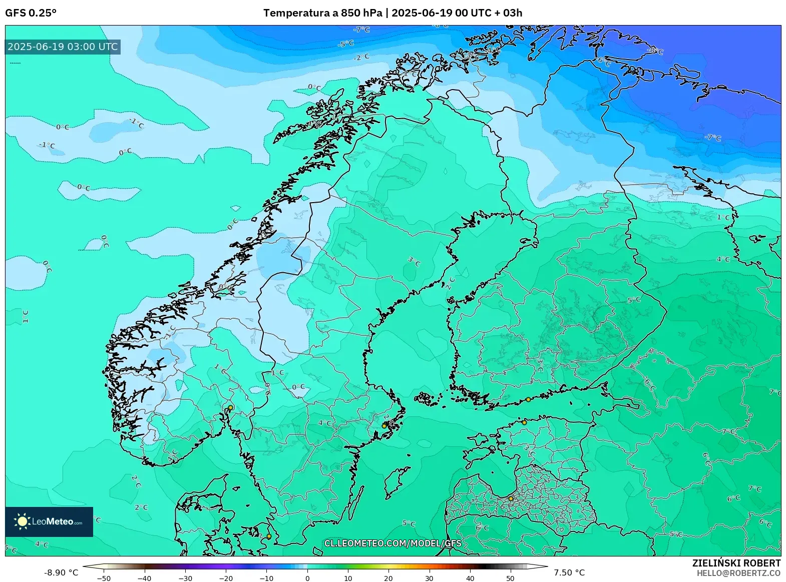 GFS model - Escandinavia, Temperatura a 850 hPa