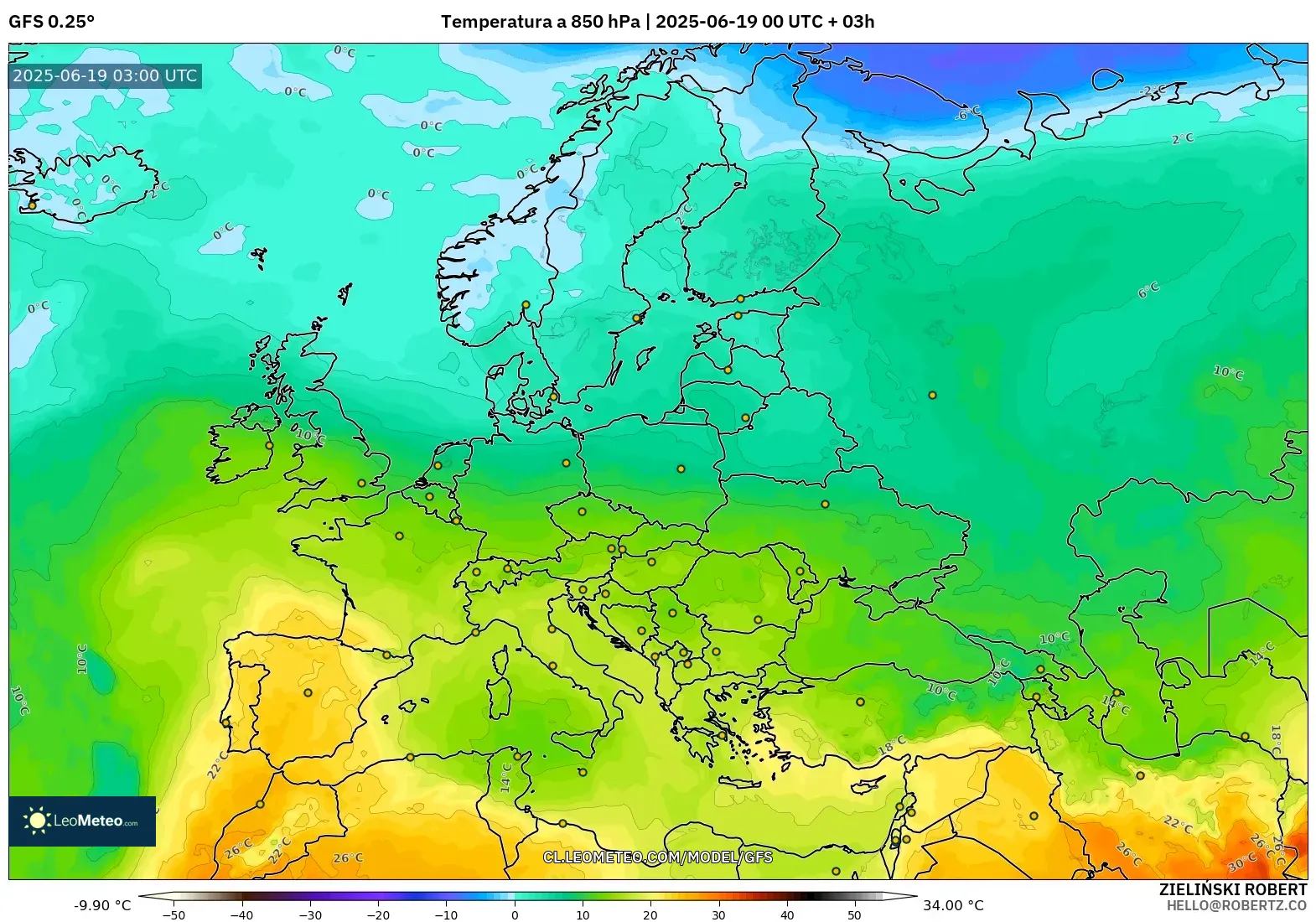 GFS model - Europa, Temperatura a 850 hPa