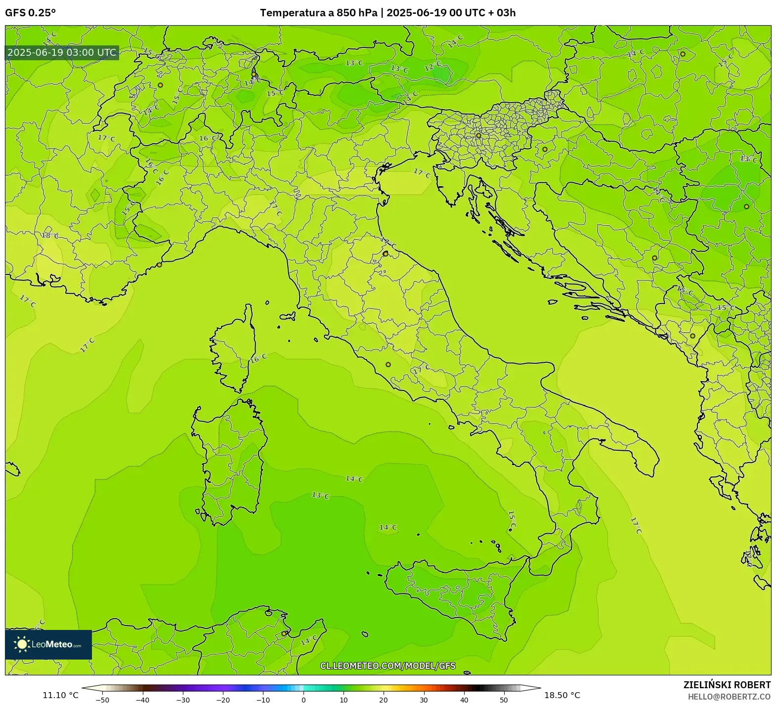 GFS model - Italia, Temperatura a 850 hPa GFS model - Italia, Temperatura a 850 hPa