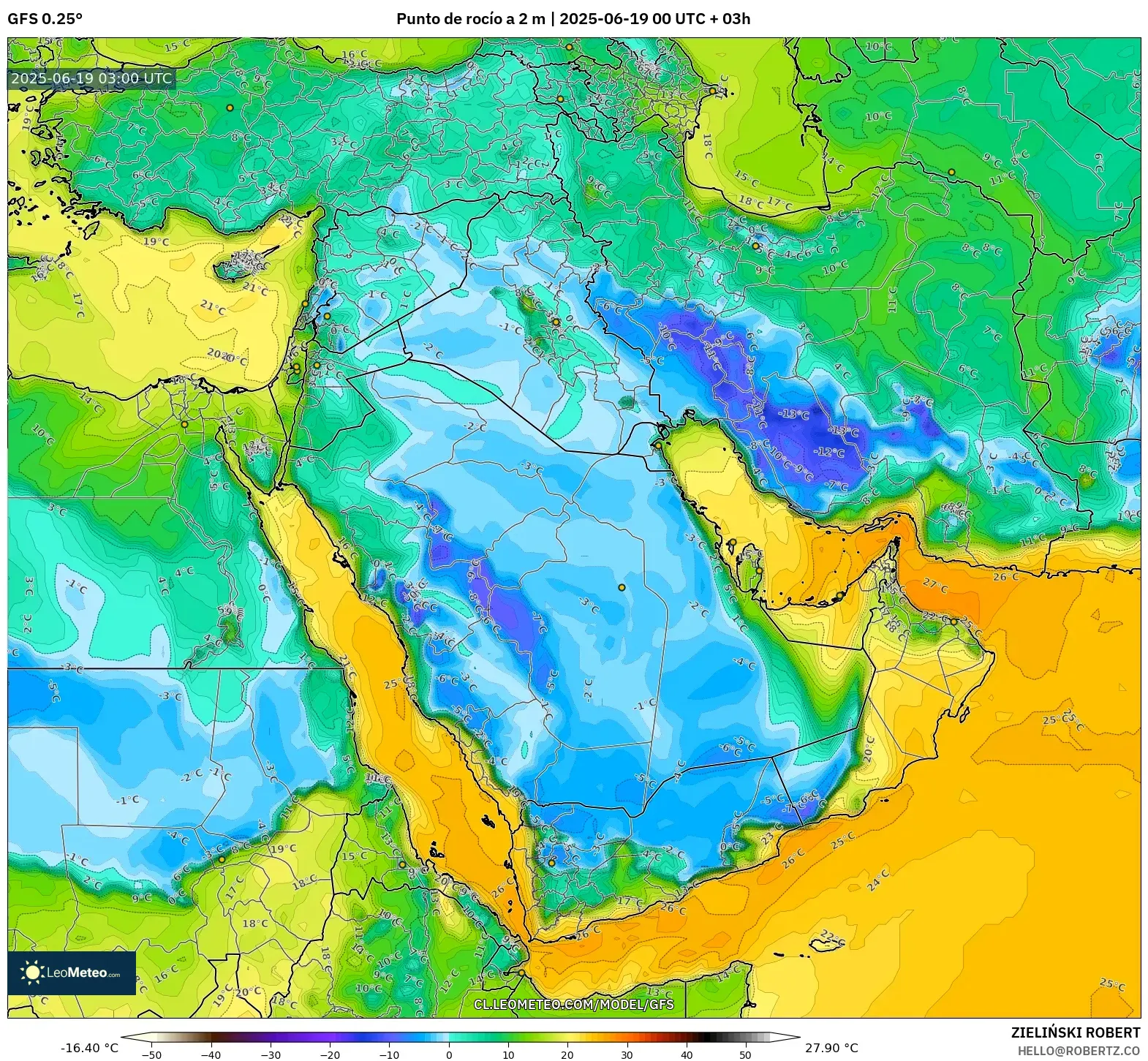 GFS model - Oriente Medio, Punto de rocío a 2 m GFS model - Oriente Medio, Punto de rocío a 2 m