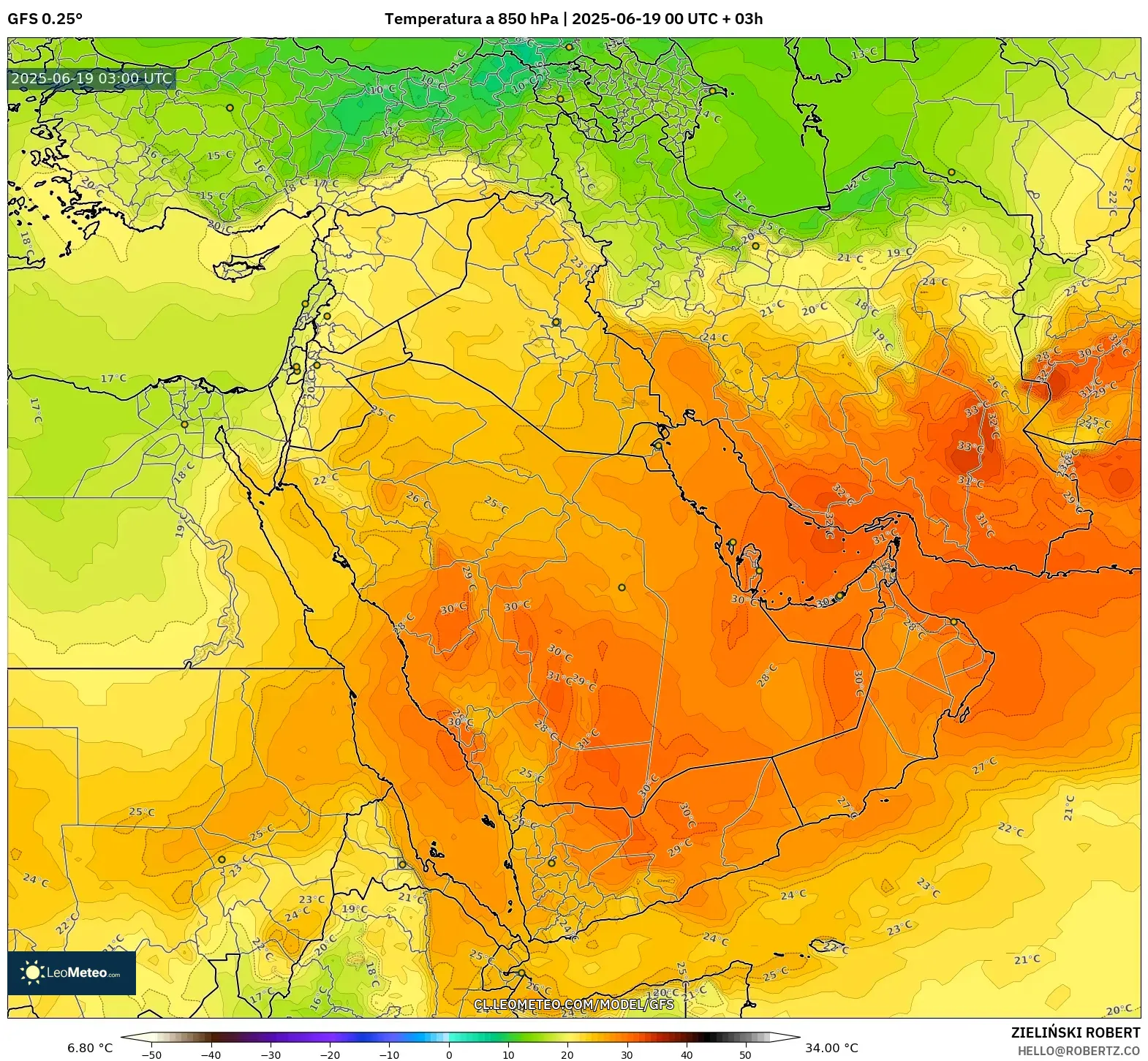 GFS model - Oriente Medio, Temperatura a 850 hPa GFS model - Oriente Medio, Temperatura a 850 hPa