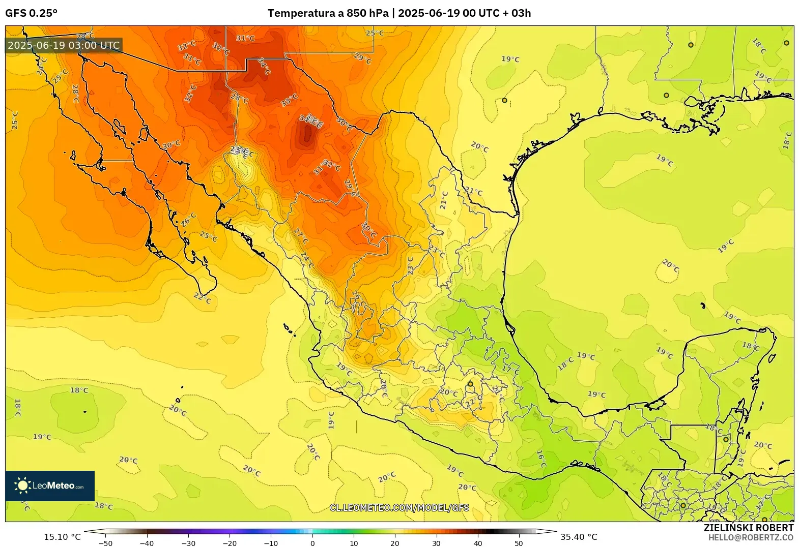 GFS model - México, Temperatura a 850 hPa GFS model - México, Temperatura a 850 hPa