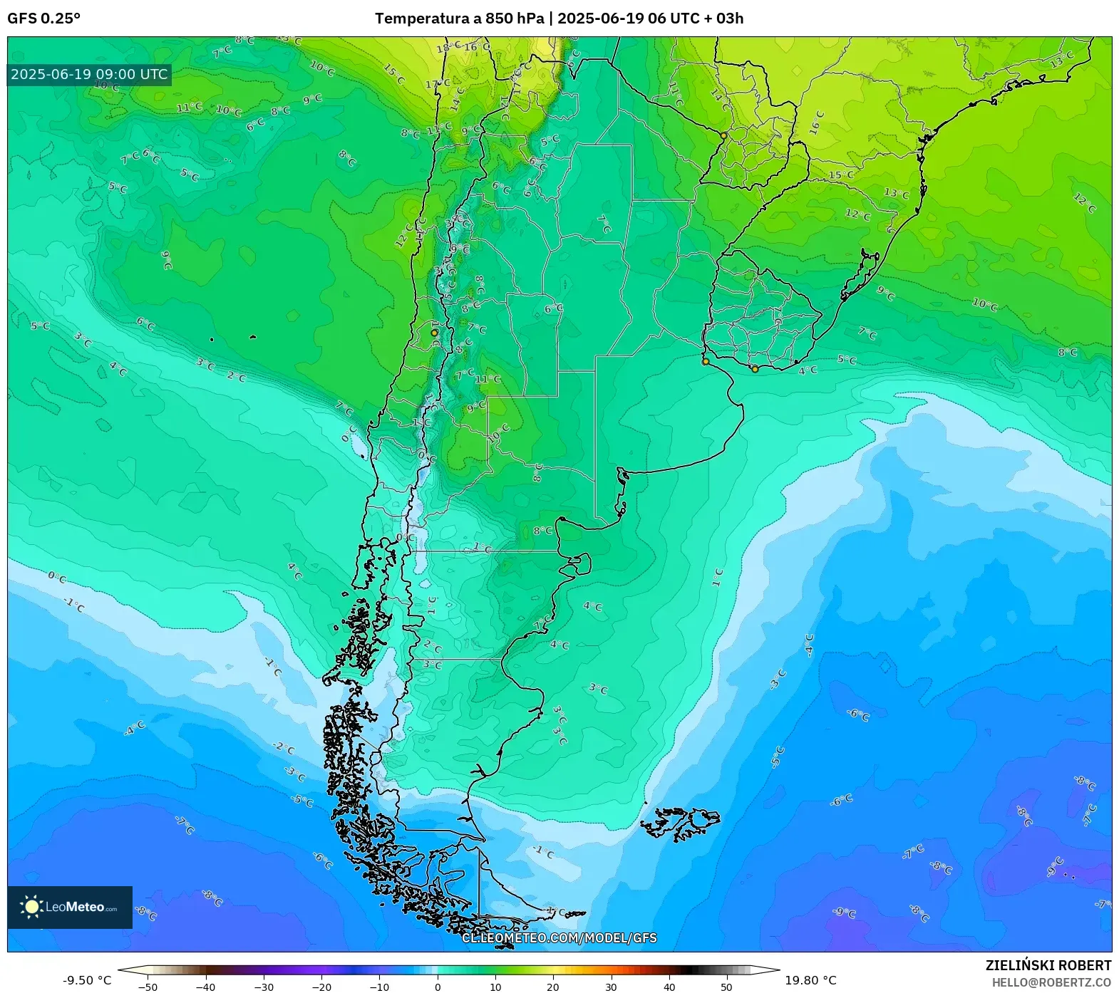 GFS model - Argentina, Temperatura a 850 hPa GFS model - Argentina, Temperatura a 850 hPa
