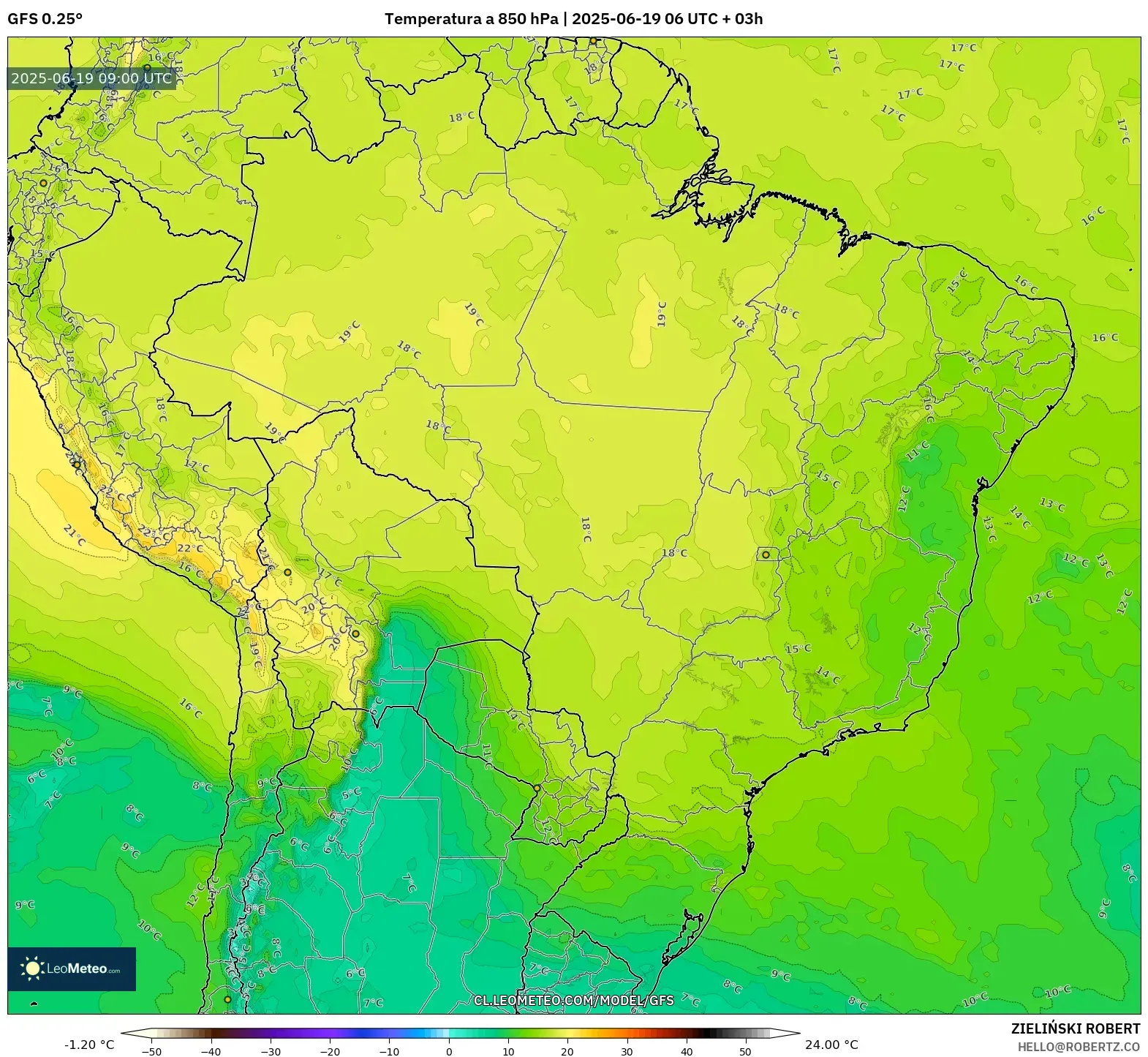 GFS model - Brasil, Temperatura a 850 hPa GFS model - Brasil, Temperatura a 850 hPa