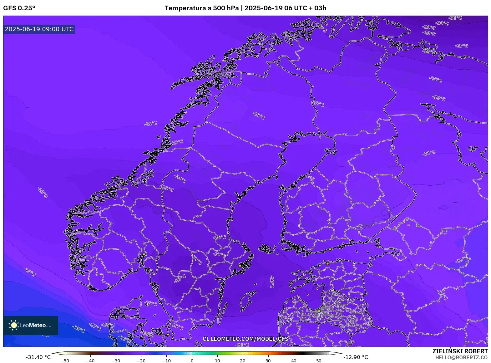 GFS model - Escandinavia, Temperatura a 500 hPa GFS model - Escandinavia, Temperatura a 500 hPa