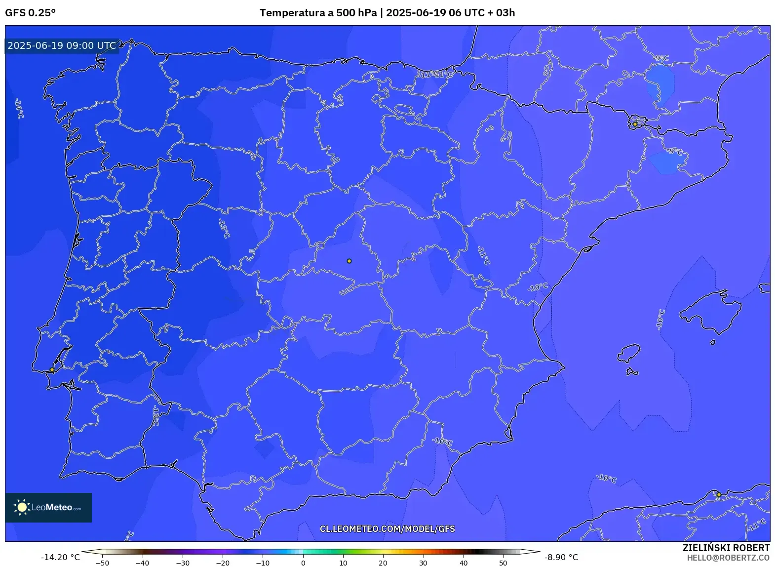 GFS model - España, Temperatura a 500 hPa GFS model - España, Temperatura a 500 hPa