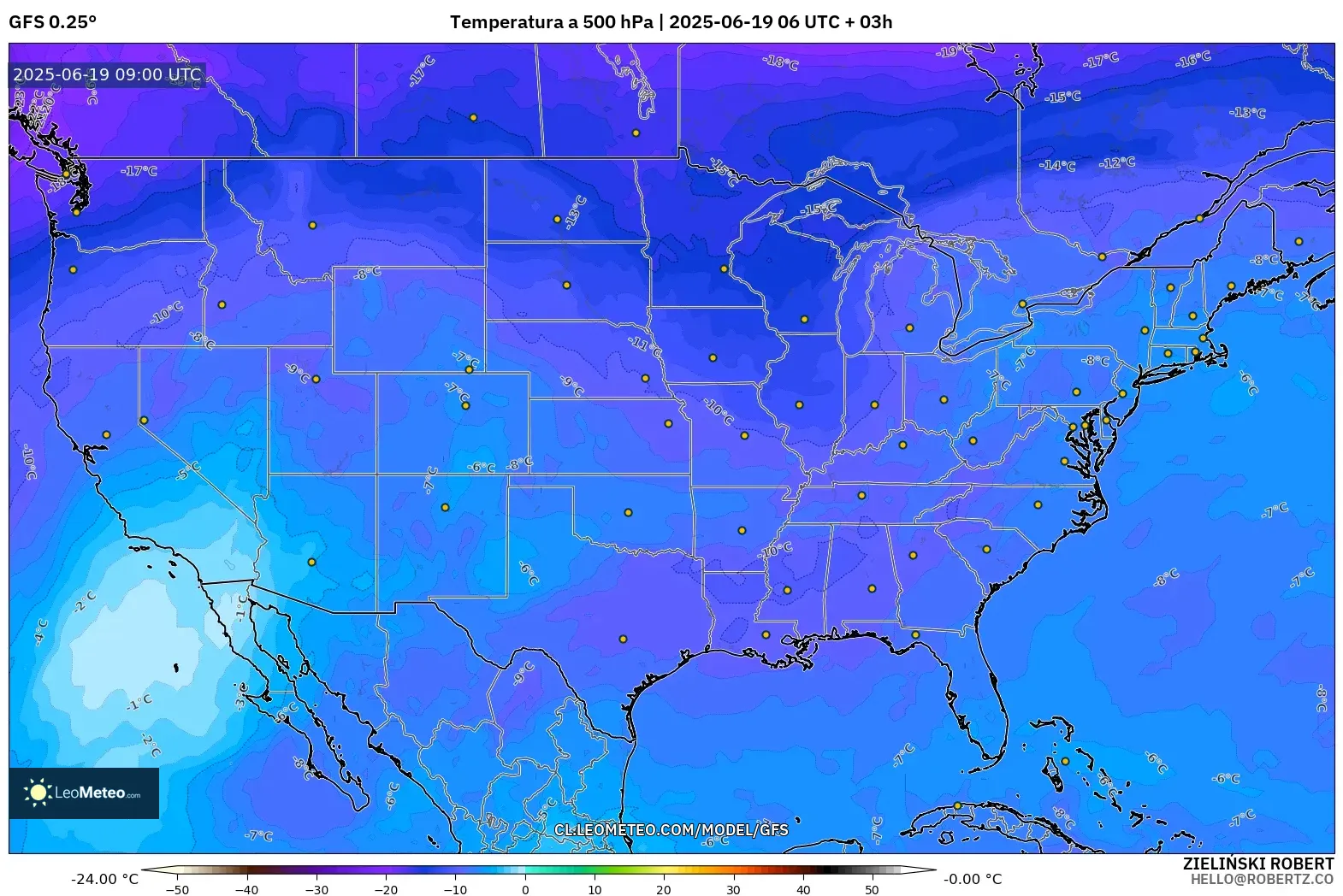 GFS model - Estados Unidos, Temperatura a 500 hPa GFS model - Estados Unidos, Temperatura a 500 hPa