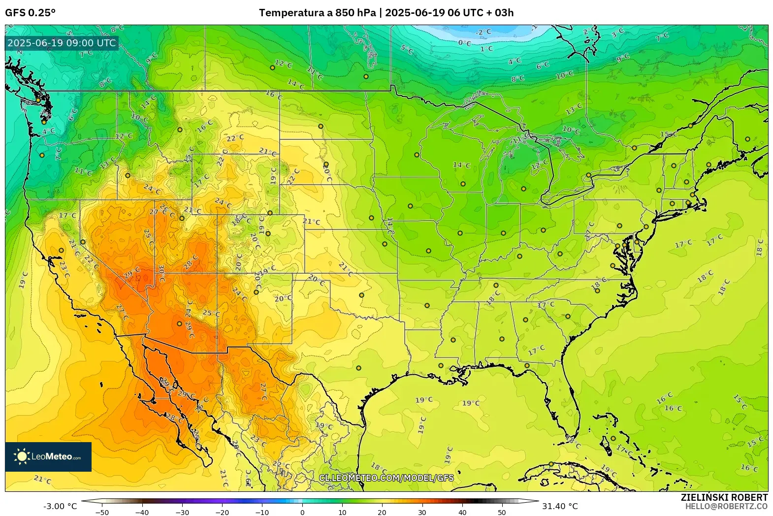 GFS model - Estados Unidos, Temperatura a 850 hPa GFS model - Estados Unidos, Temperatura a 850 hPa