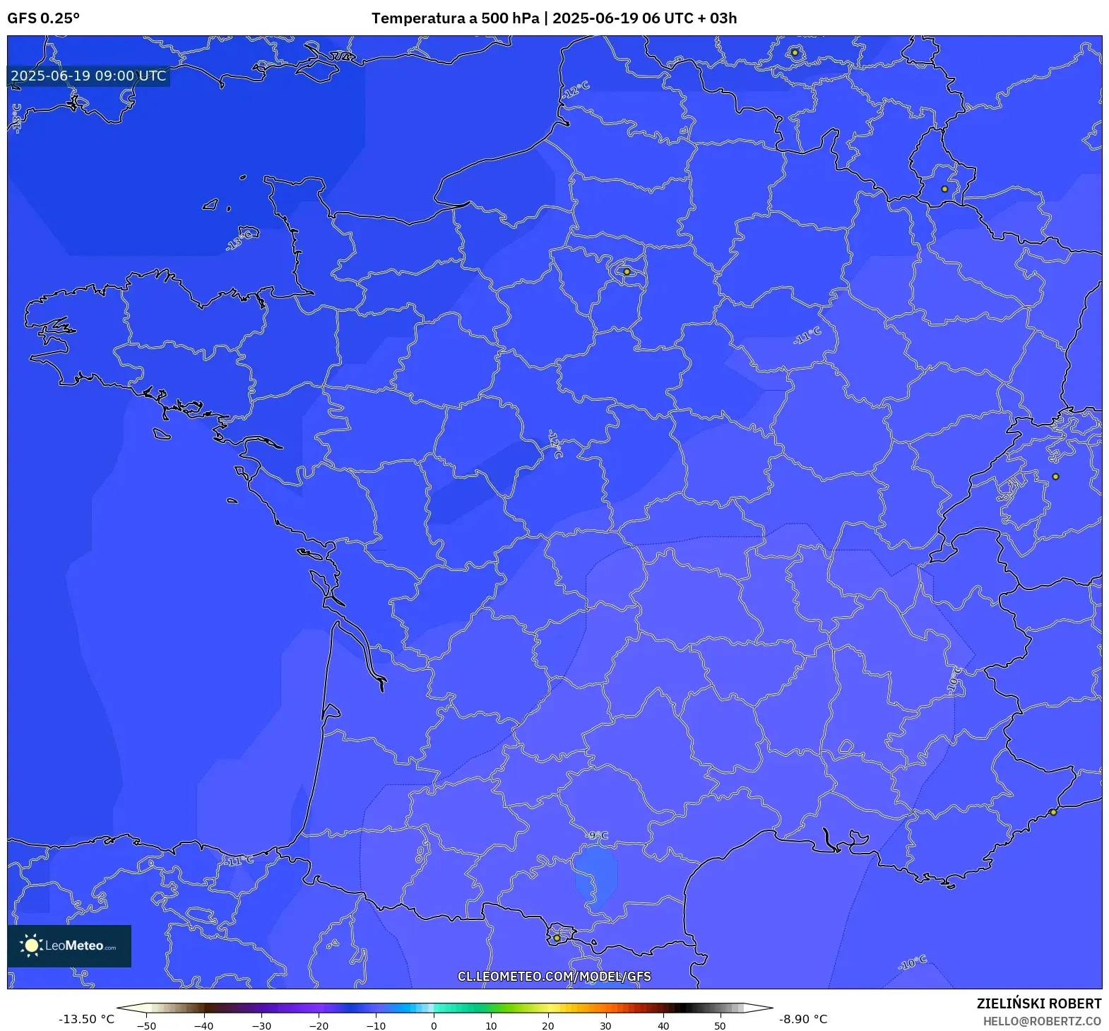 GFS model - Francia, Temperatura a 500 hPa GFS model - Francia, Temperatura a 500 hPa