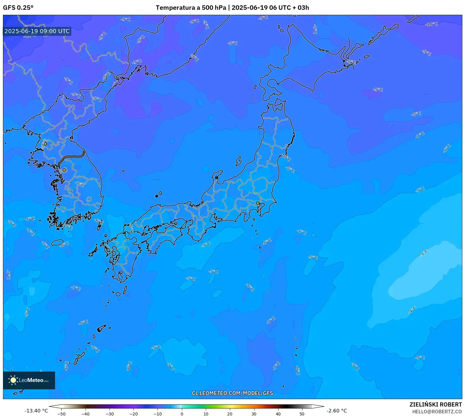 GFS model - Japón, Temperatura a 500 hPa