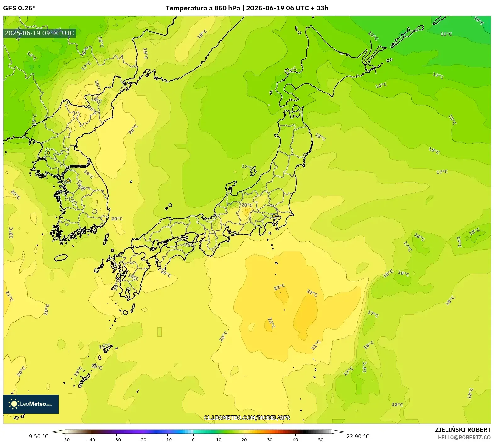 GFS model - Japón, Temperatura a 850 hPa GFS model - Japón, Temperatura a 850 hPa
