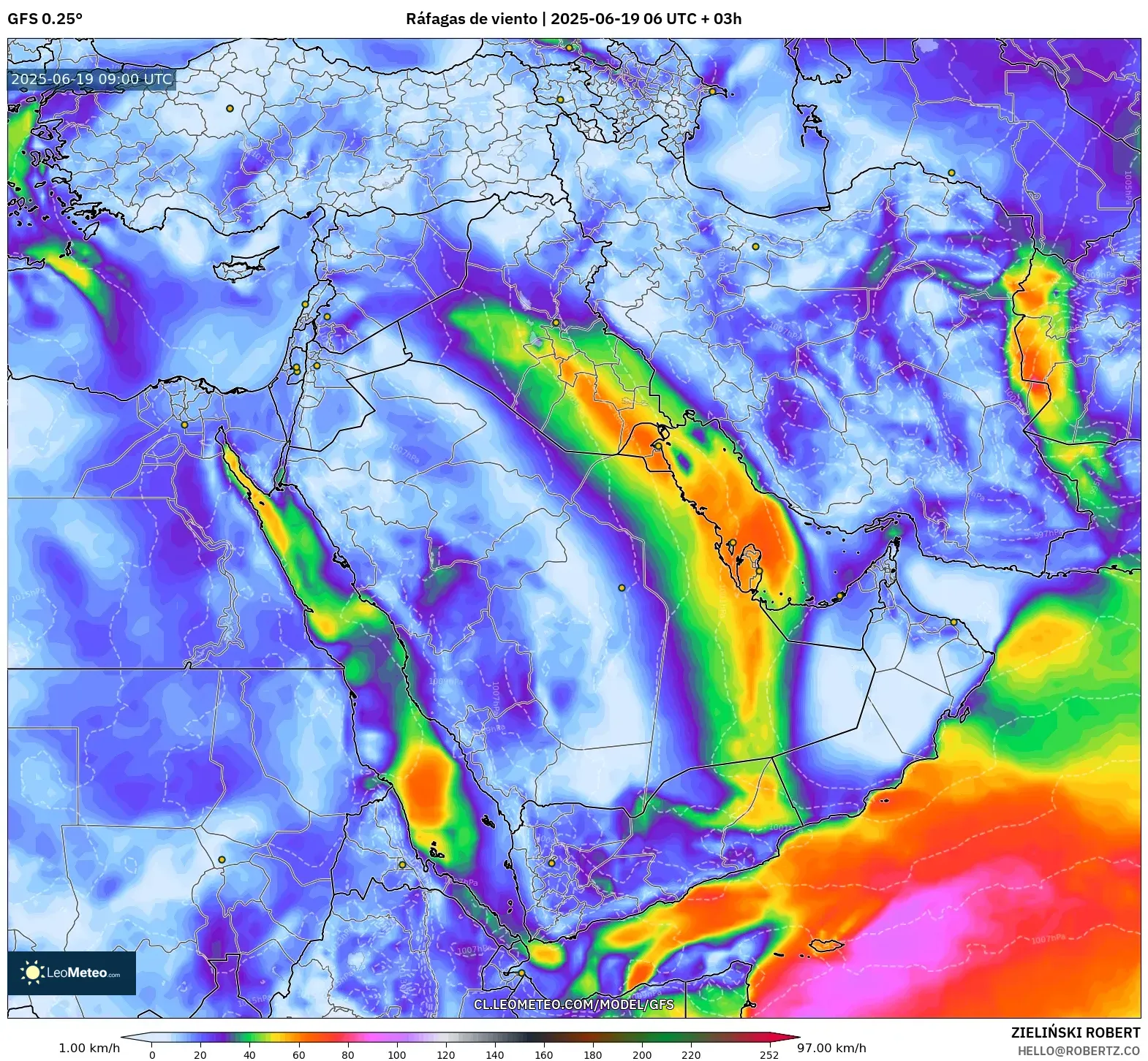 GFS model - Oriente Medio, Ráfagas de viento GFS model - Oriente Medio, Ráfagas de viento