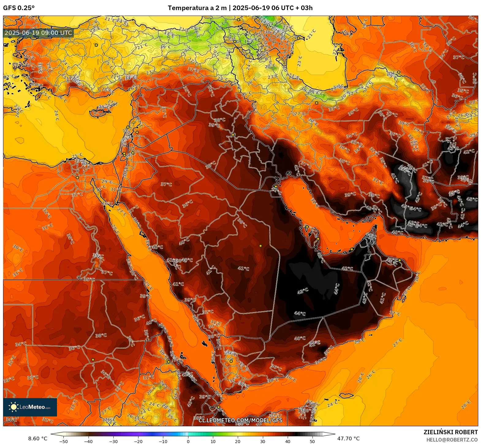 GFS model - Oriente Medio, Temperatura a 2 m GFS model - Oriente Medio, Temperatura a 2 m