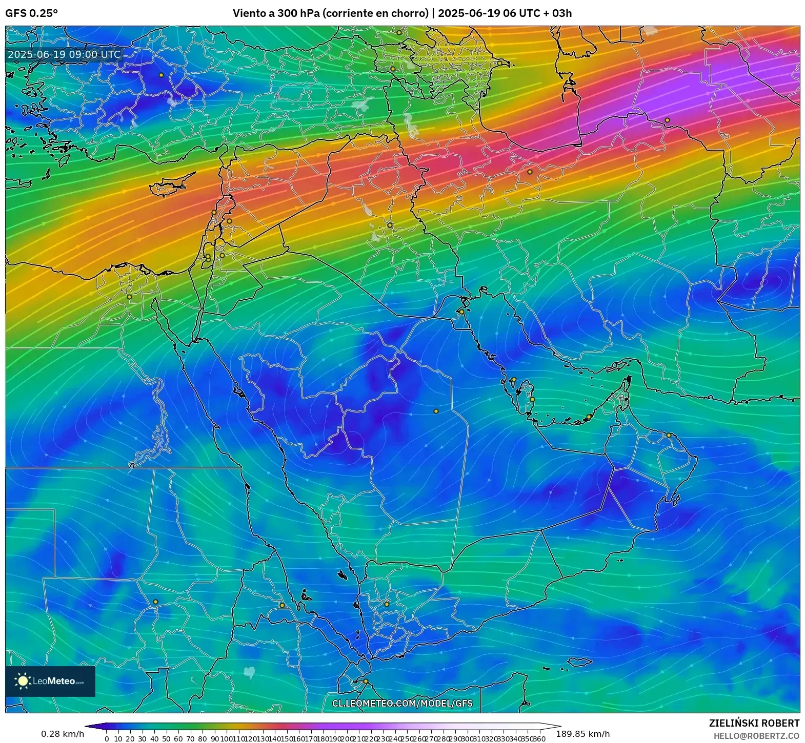 GFS model - Oriente Medio, Viento a 300 hPa (corriente en chorro) GFS model - Oriente Medio, Viento a 300 hPa (corriente en chorro)