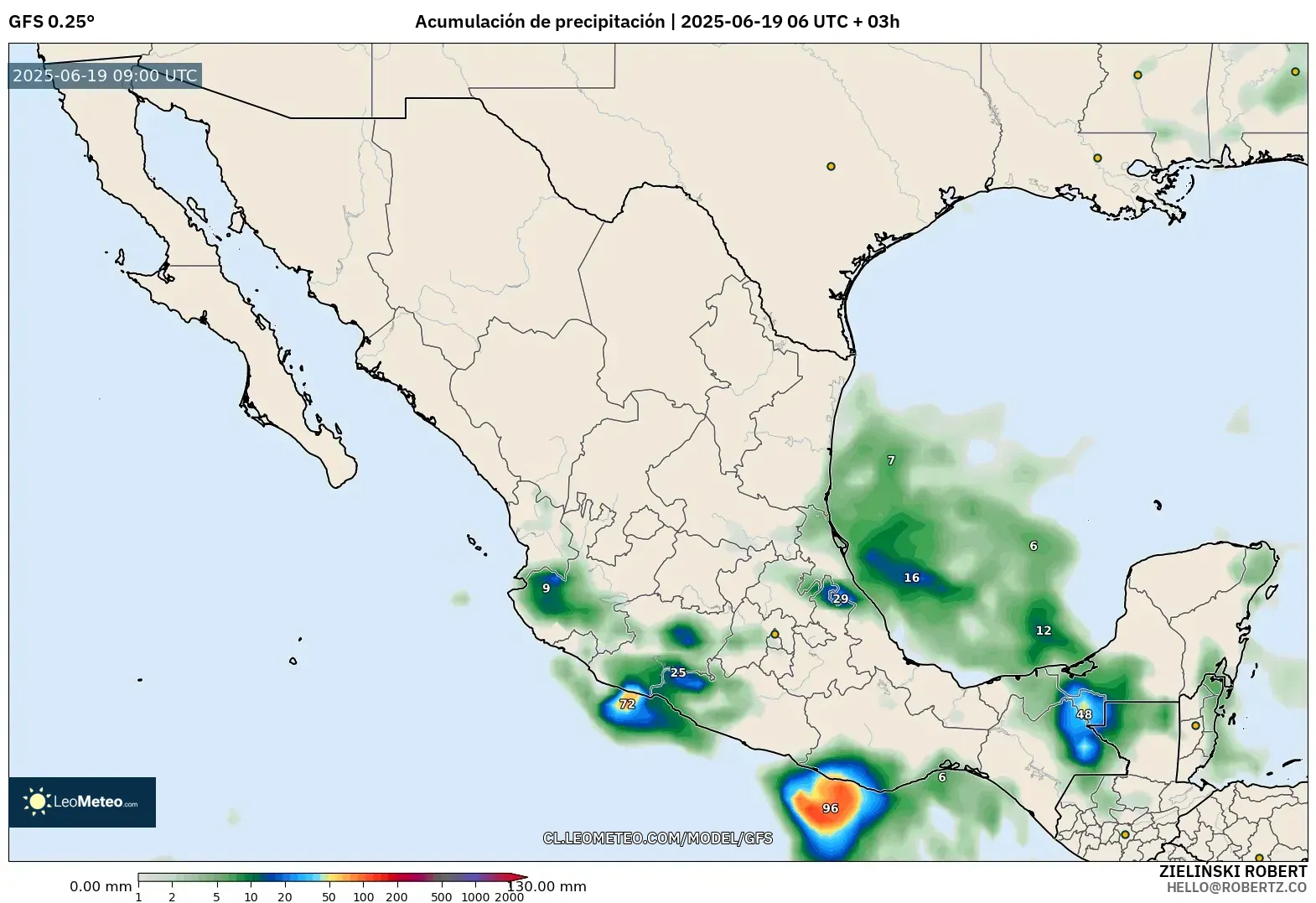 GFS model - México, Acumulación de precipitación GFS model - México, Acumulación de precipitación