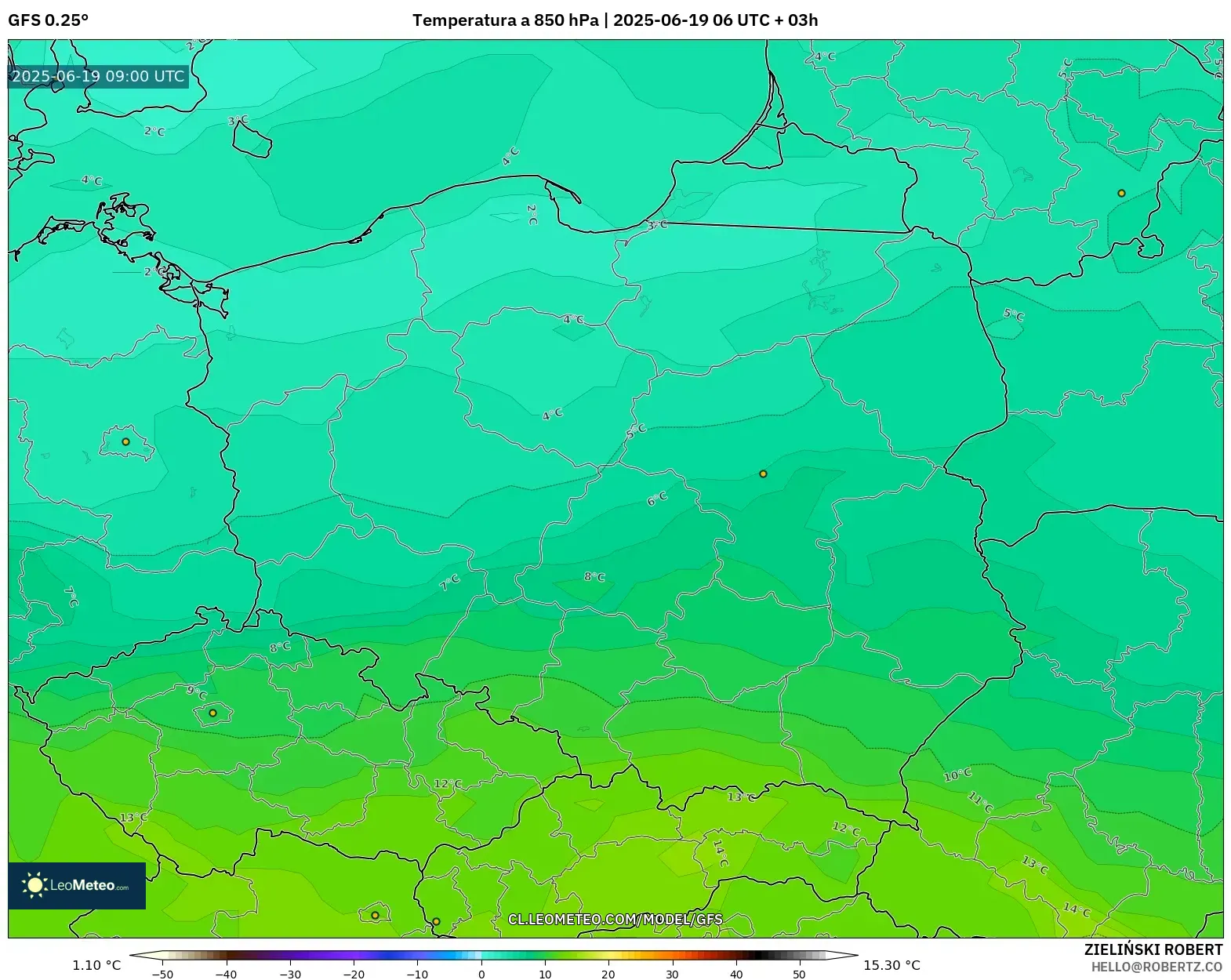 GFS model - Polonia, Temperatura a 850 hPa GFS model - Polonia, Temperatura a 850 hPa