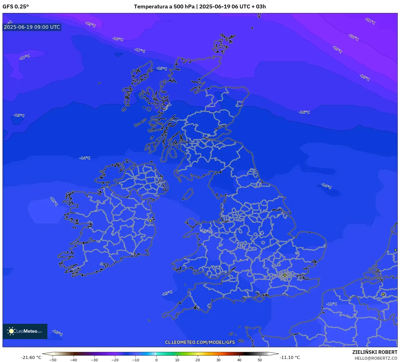 GFS model - Reino Unido, Temperatura a 500 hPa GFS model - Reino Unido, Temperatura a 500 hPa