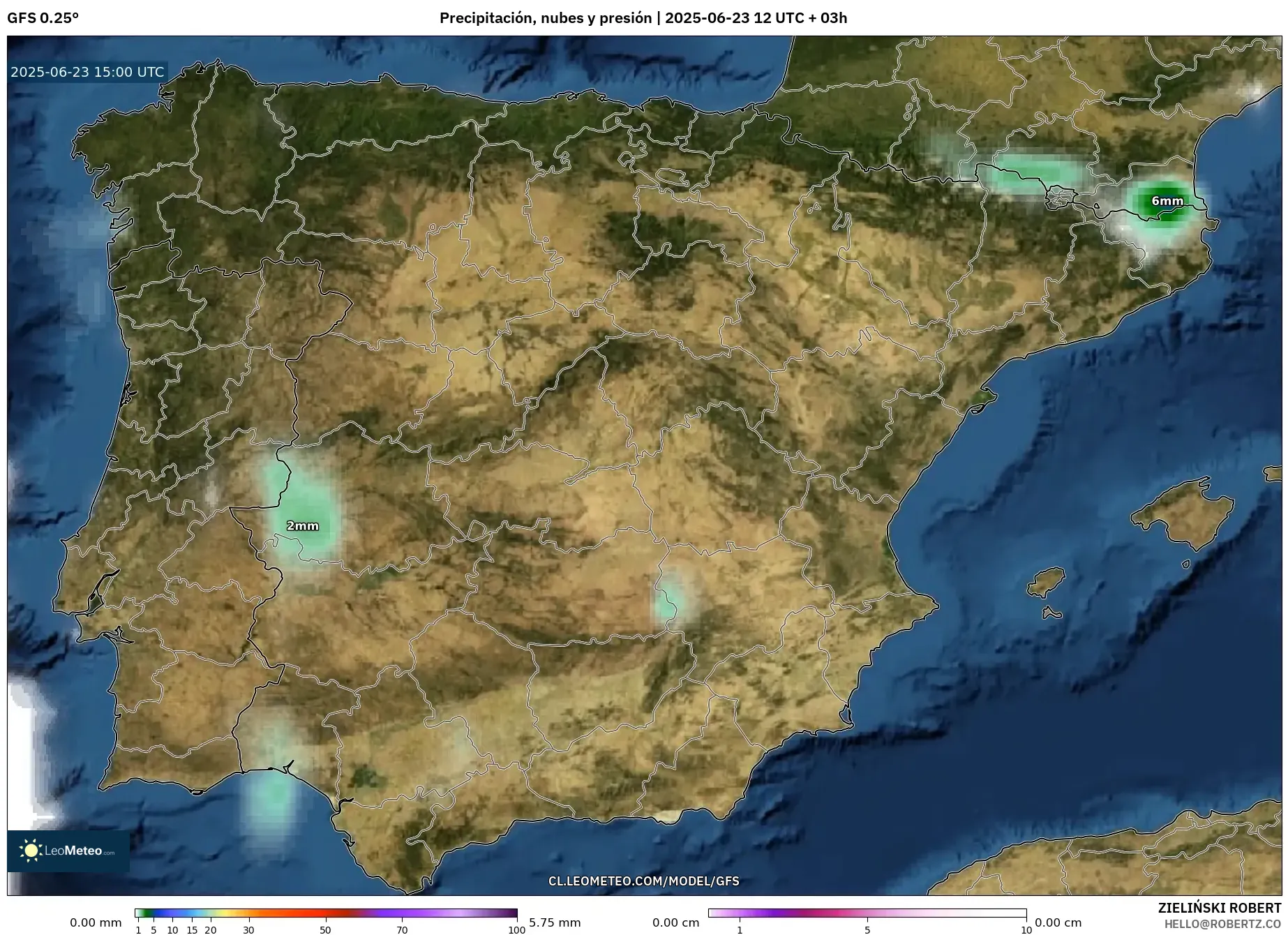 GFS model - España, Precipitación, nubes y presión GFS model - España, Precipitación, nubes y presión