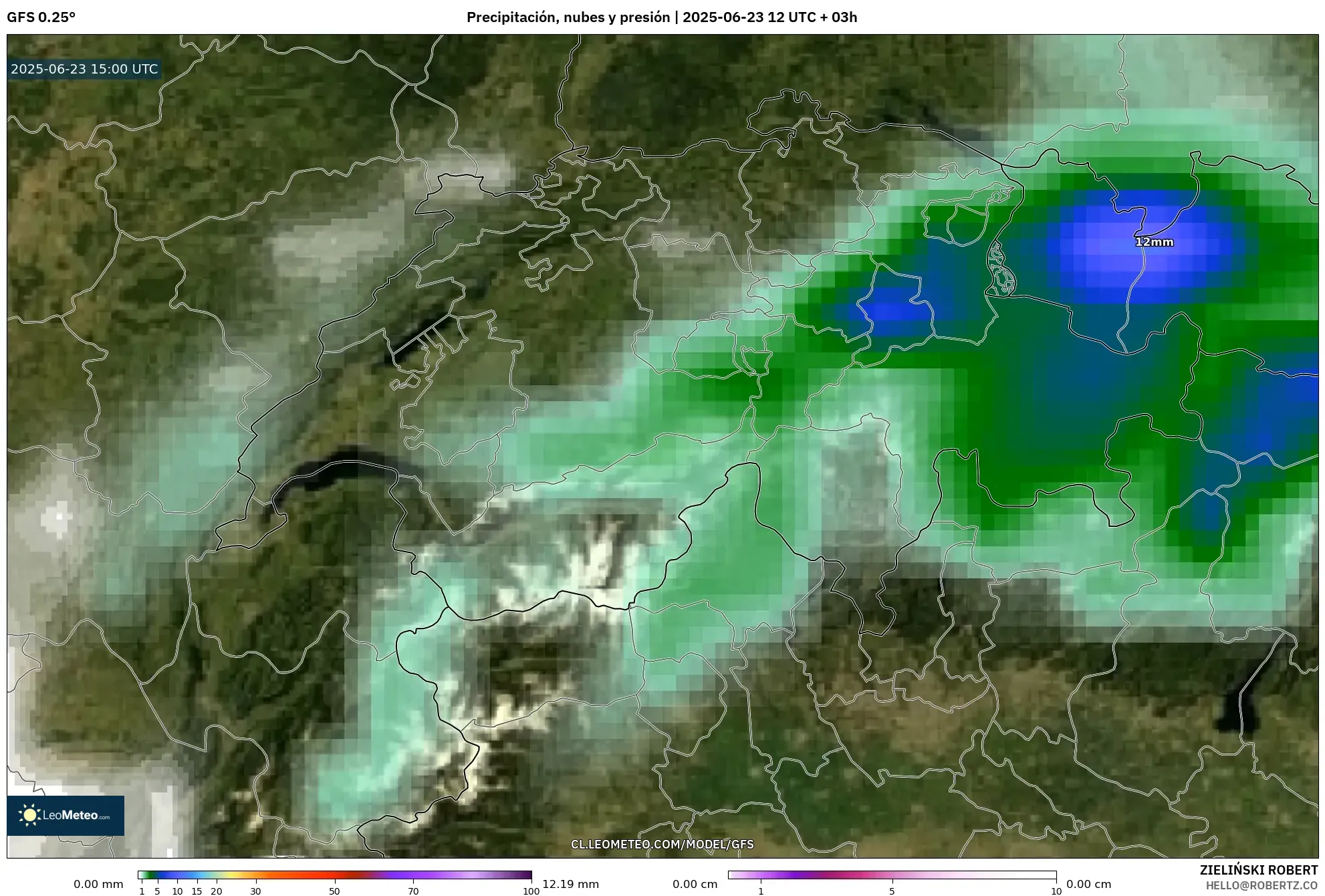 GFS model - Suiza, Precipitación, nubes y presión GFS model - Suiza, Precipitación, nubes y presión