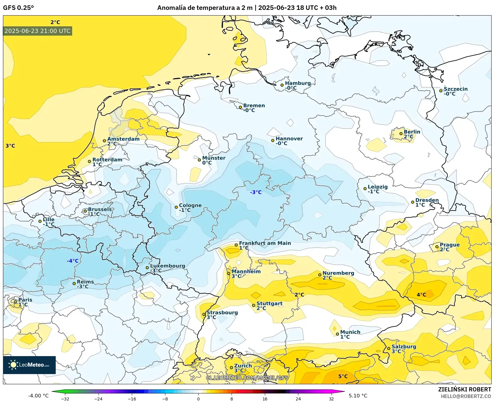 GFS model - Alemania, Anomalía de temperatura a 2 m GFS model - Alemania, Anomalía de temperatura a 2 m