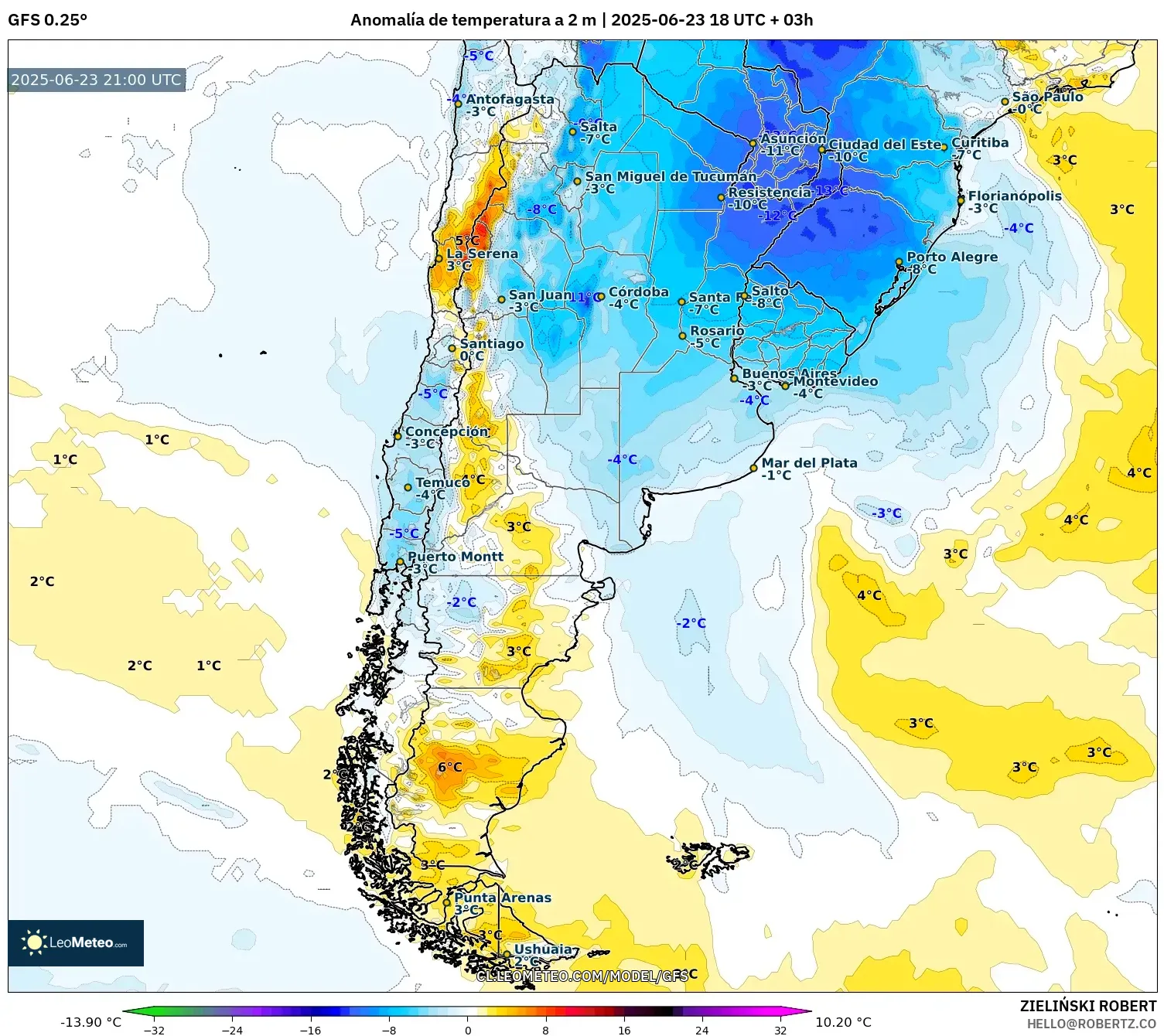 GFS model - Argentina, Anomalía de temperatura a 2 m GFS model - Argentina, Anomalía de temperatura a 2 m