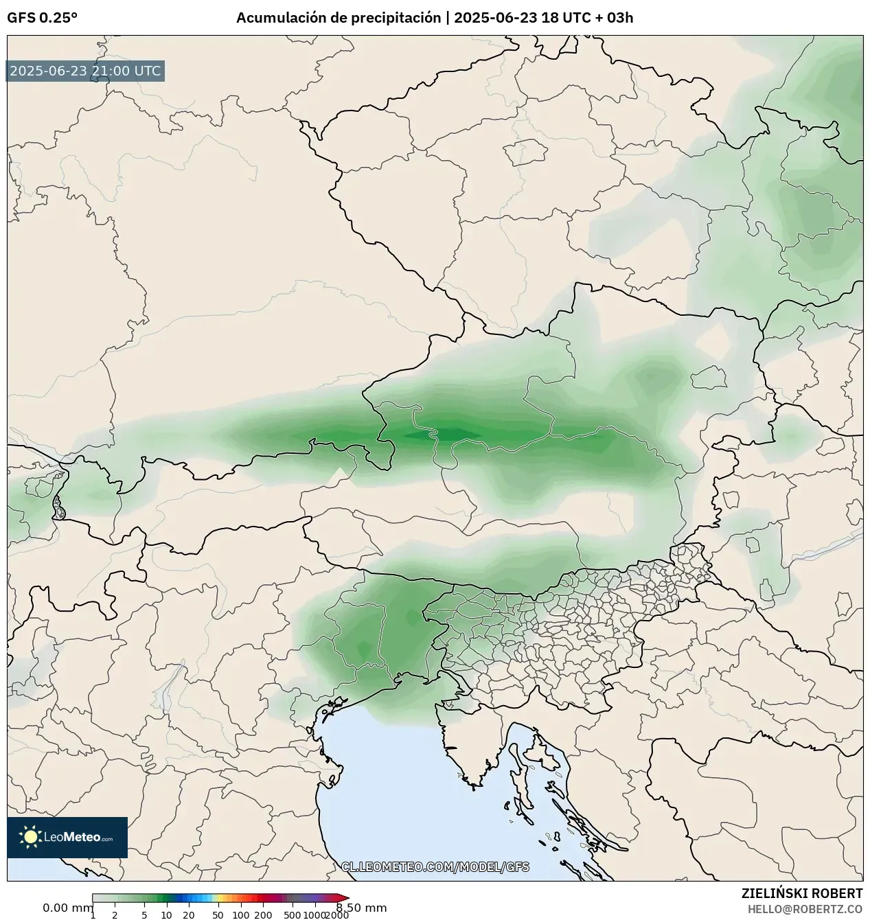 GFS model - Austria, Acumulación de precipitación GFS model - Austria, Acumulación de precipitación