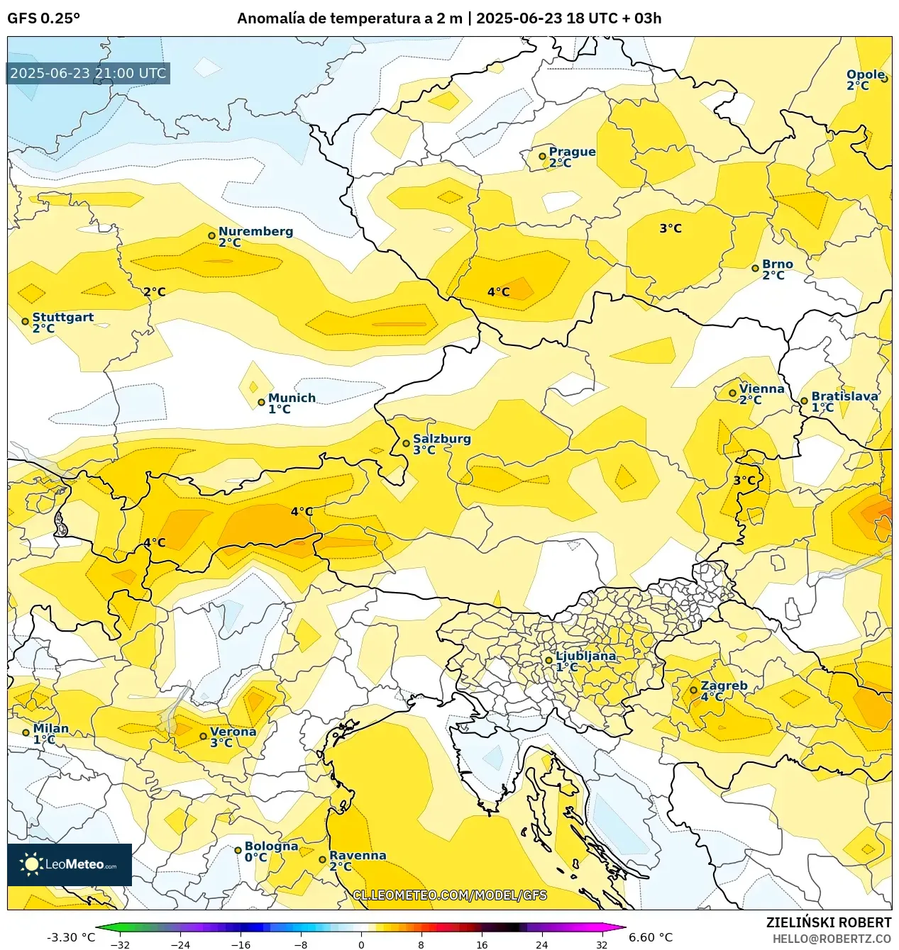 GFS model - Austria, Anomalía de temperatura a 2 m GFS model - Austria, Anomalía de temperatura a 2 m