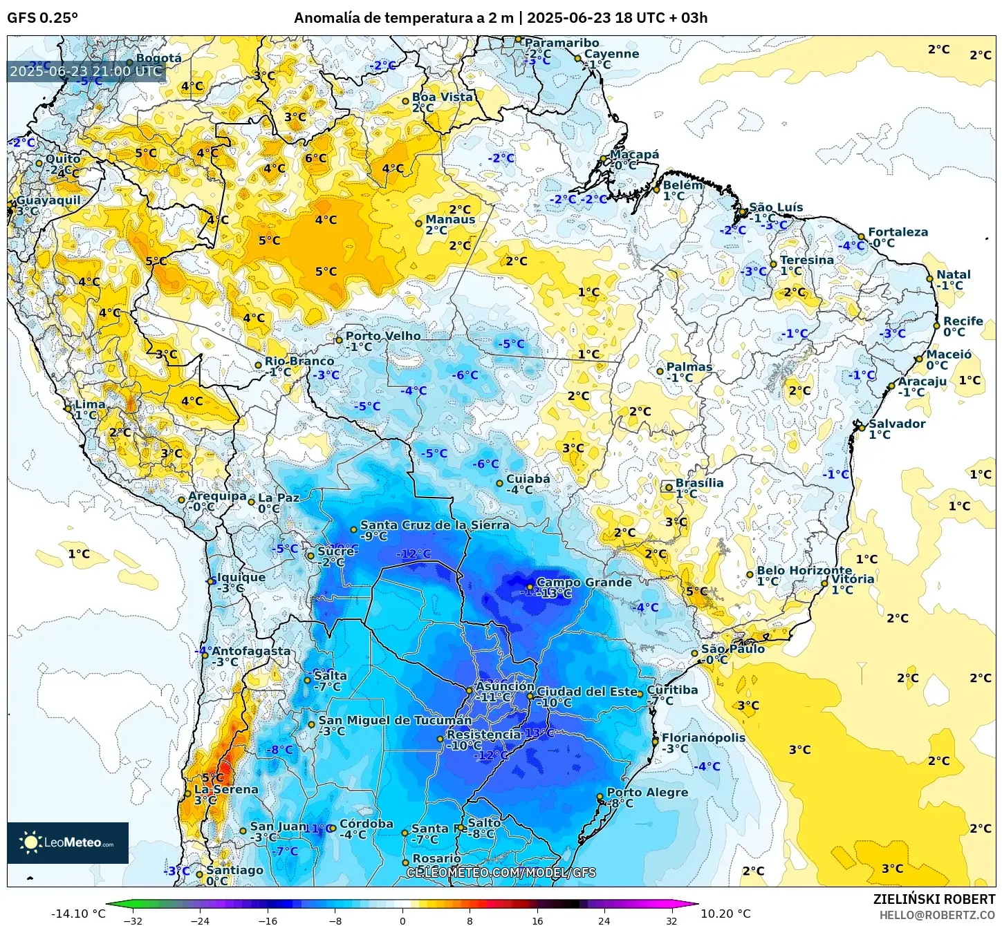 GFS model - Brasil, Anomalía de temperatura a 2 m GFS model - Brasil, Anomalía de temperatura a 2 m