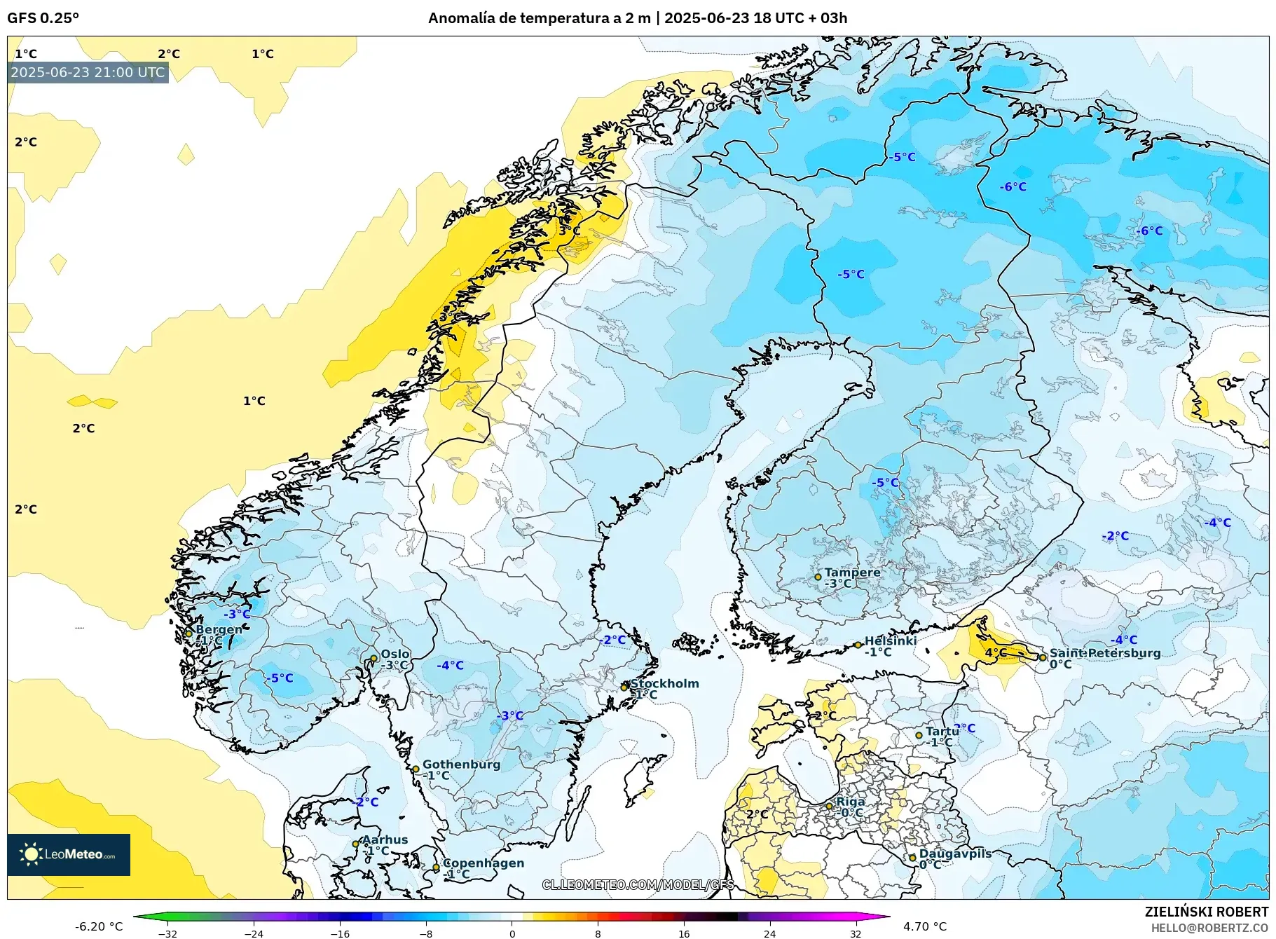 GFS model - Escandinavia, Anomalía de temperatura a 2 m GFS model - Escandinavia, Anomalía de temperatura a 2 m