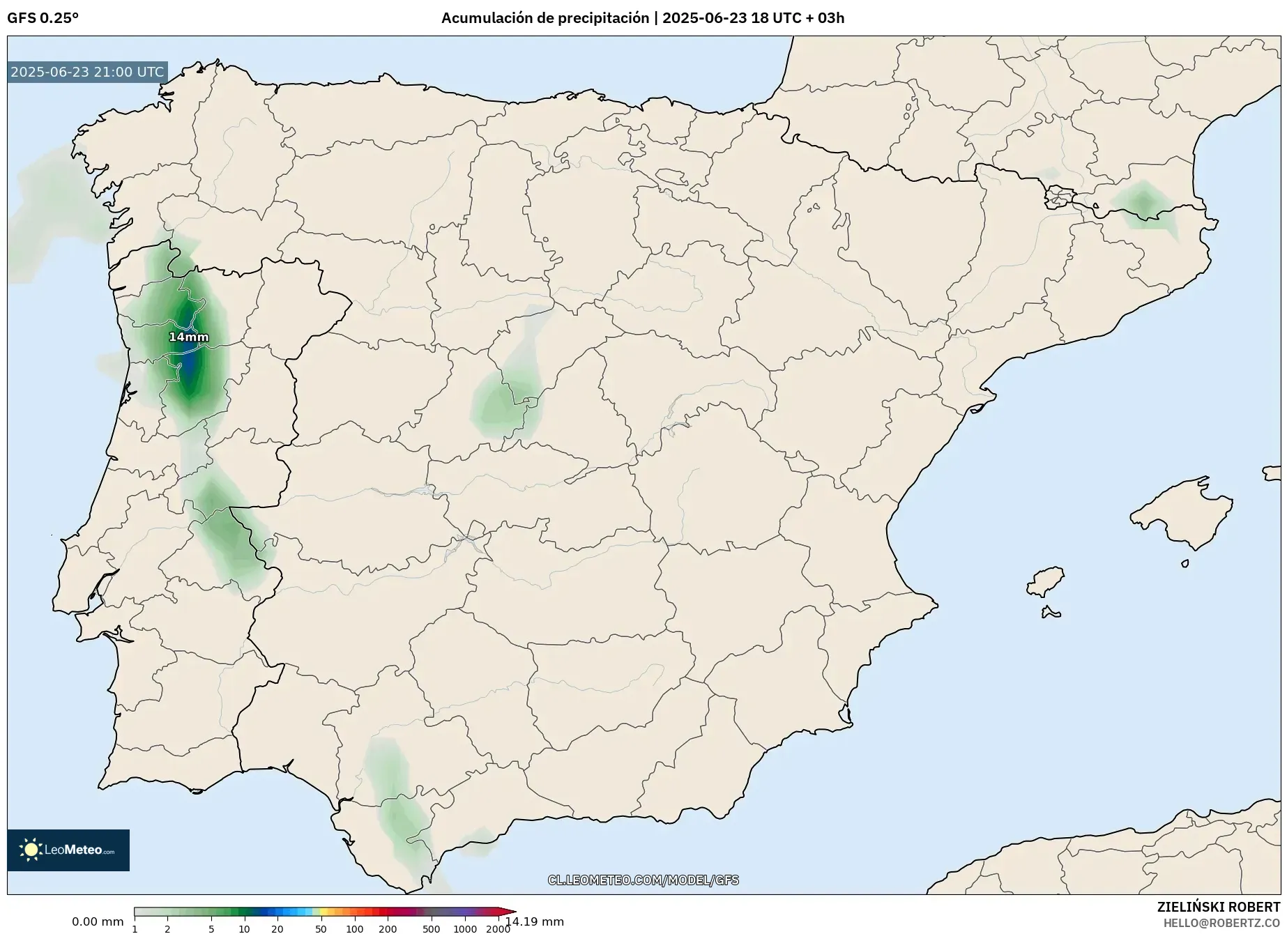 GFS model - España, Acumulación de precipitación GFS model - España, Acumulación de precipitación