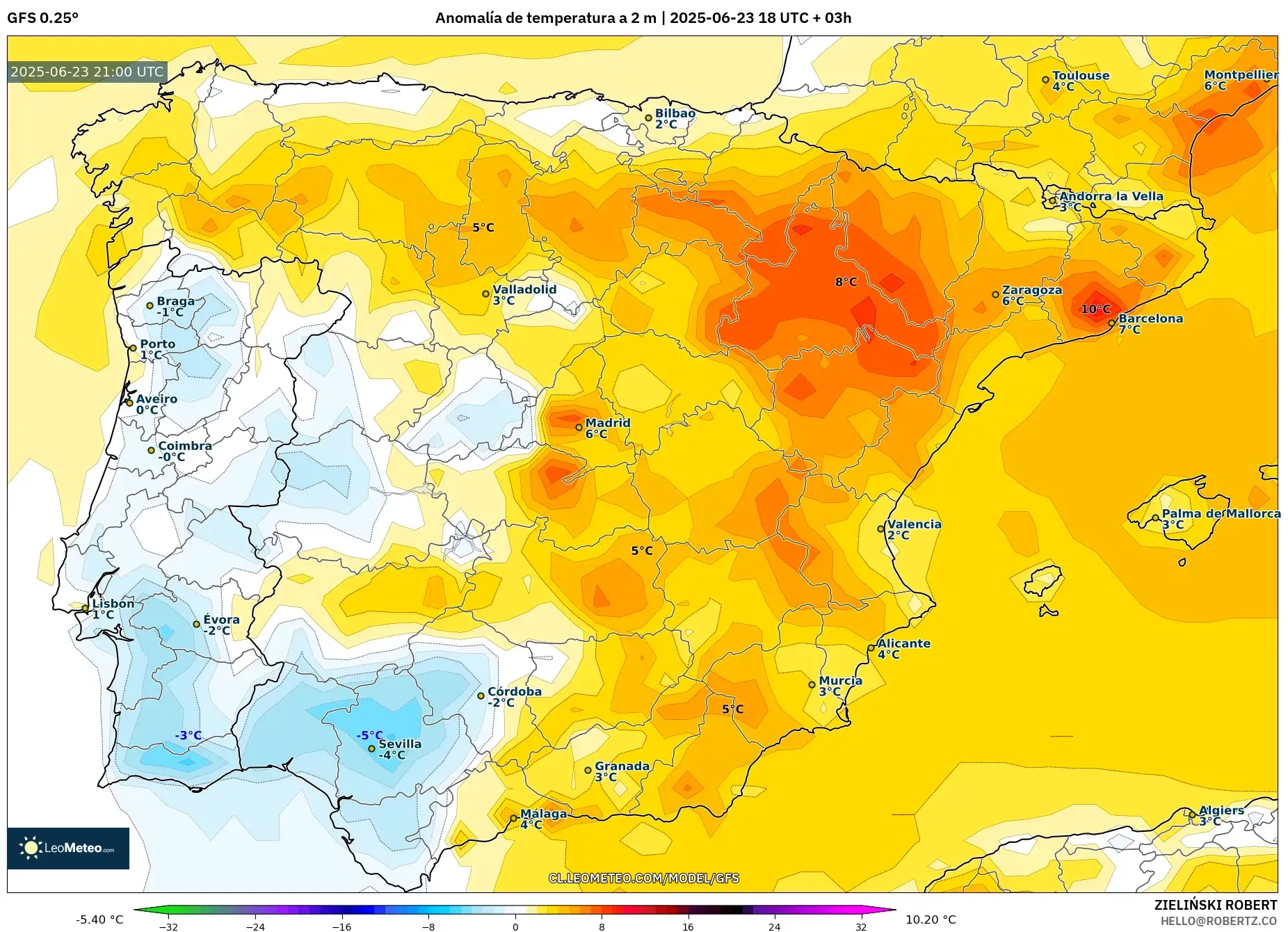 GFS model - España, Anomalía de temperatura a 2 m GFS model - España, Anomalía de temperatura a 2 m