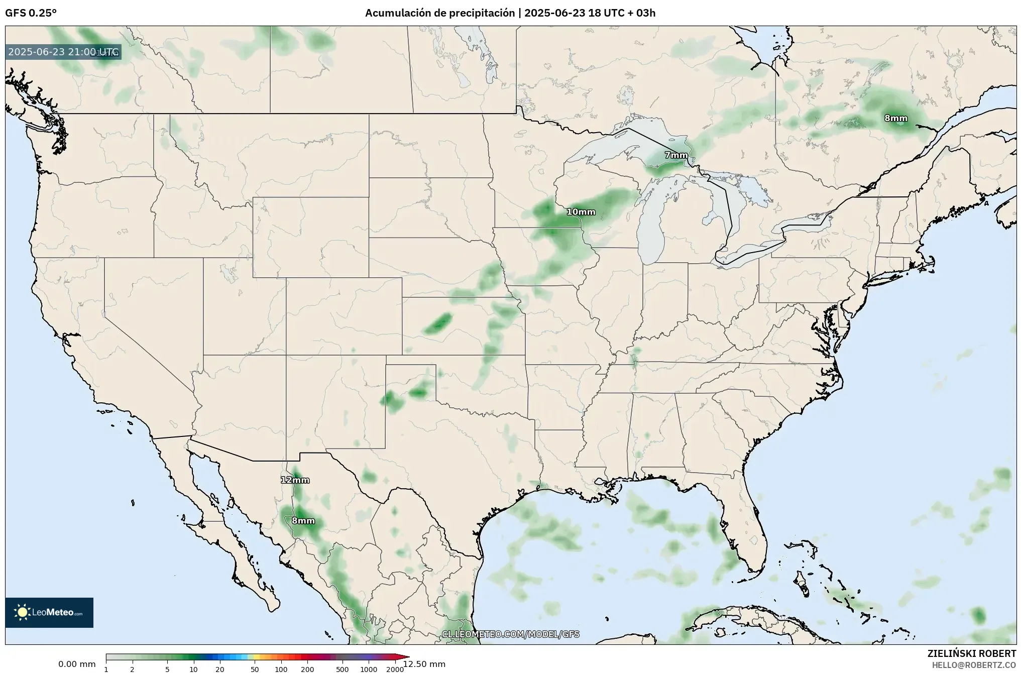 GFS model - Estados Unidos, Acumulación de precipitación GFS model - Estados Unidos, Acumulación de precipitación