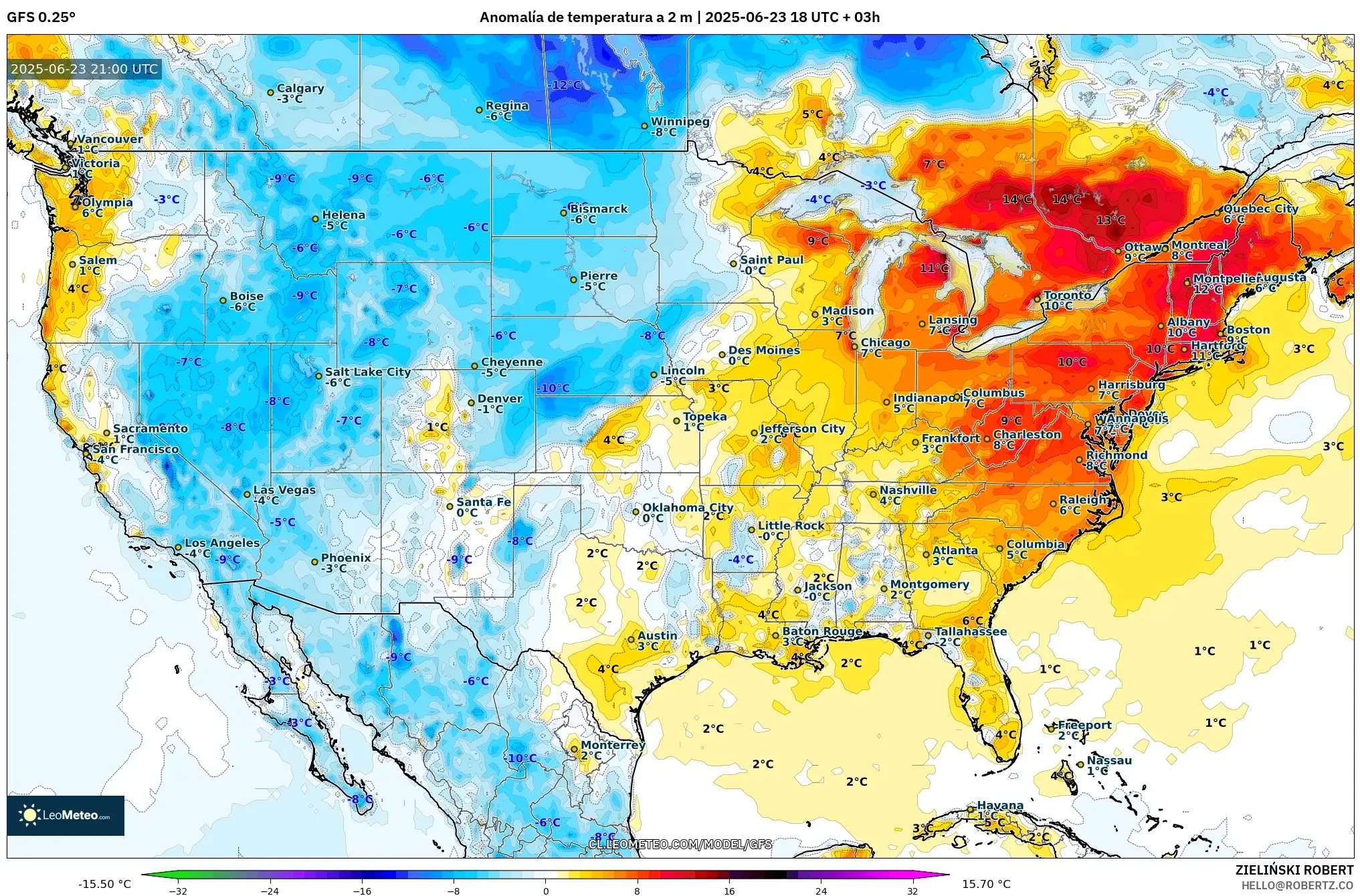 GFS model - Estados Unidos, Anomalía de temperatura a 2 m GFS model - Estados Unidos, Anomalía de temperatura a 2 m