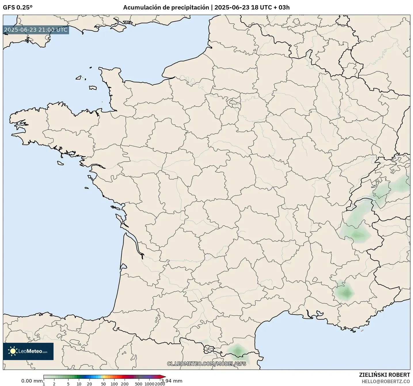 GFS model - Francia, Acumulación de precipitación GFS model - Francia, Acumulación de precipitación