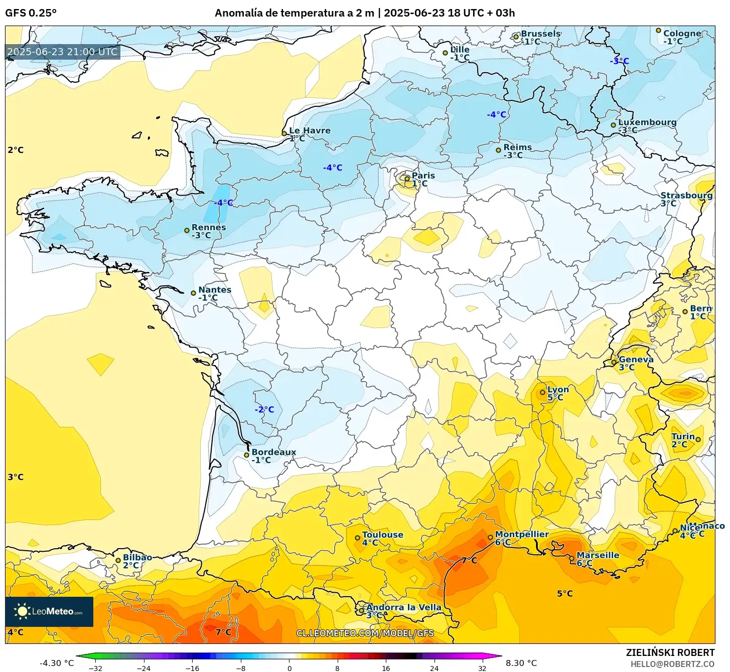 GFS model - Francia, Anomalía de temperatura a 2 m