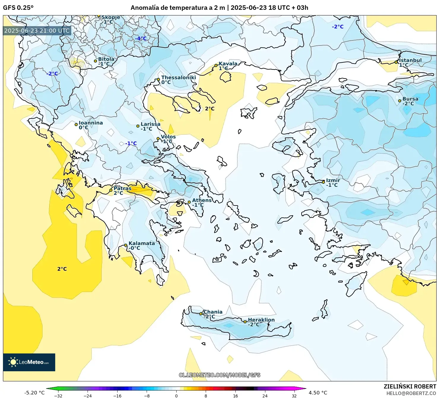 GFS model - Grecia, Anomalía de temperatura a 2 m GFS model - Grecia, Anomalía de temperatura a 2 m