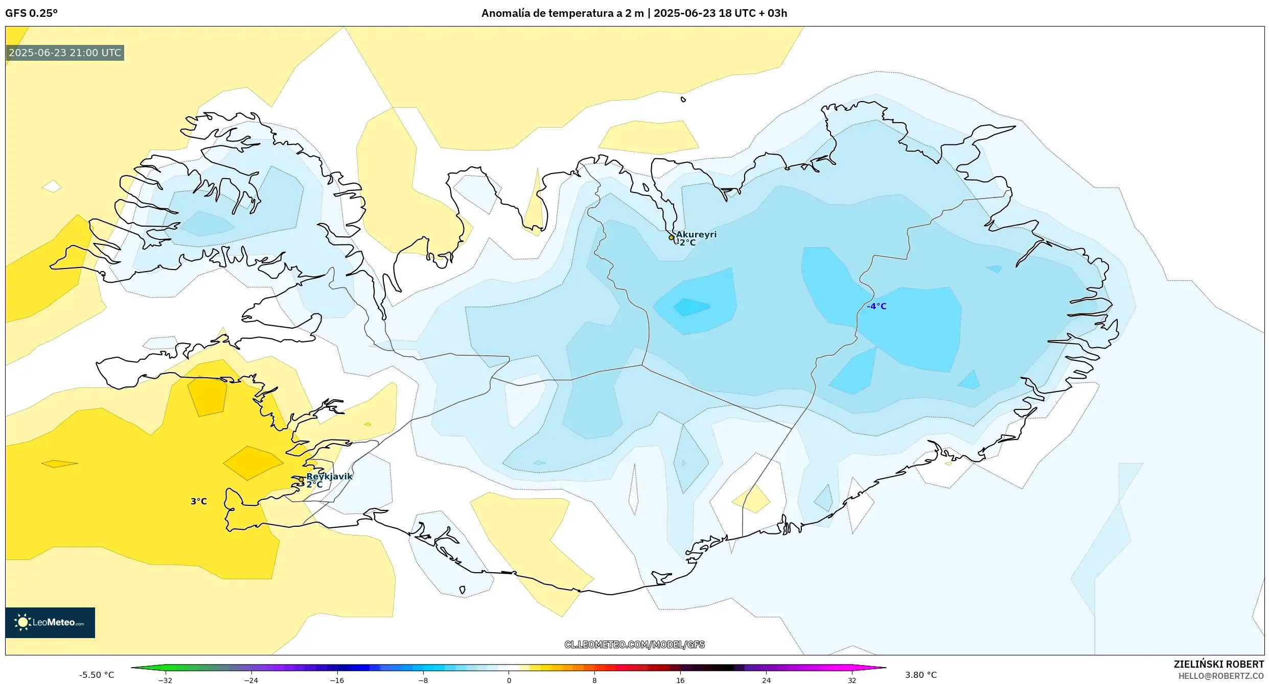 GFS model - Islandia, Anomalía de temperatura a 2 m GFS model - Islandia, Anomalía de temperatura a 2 m