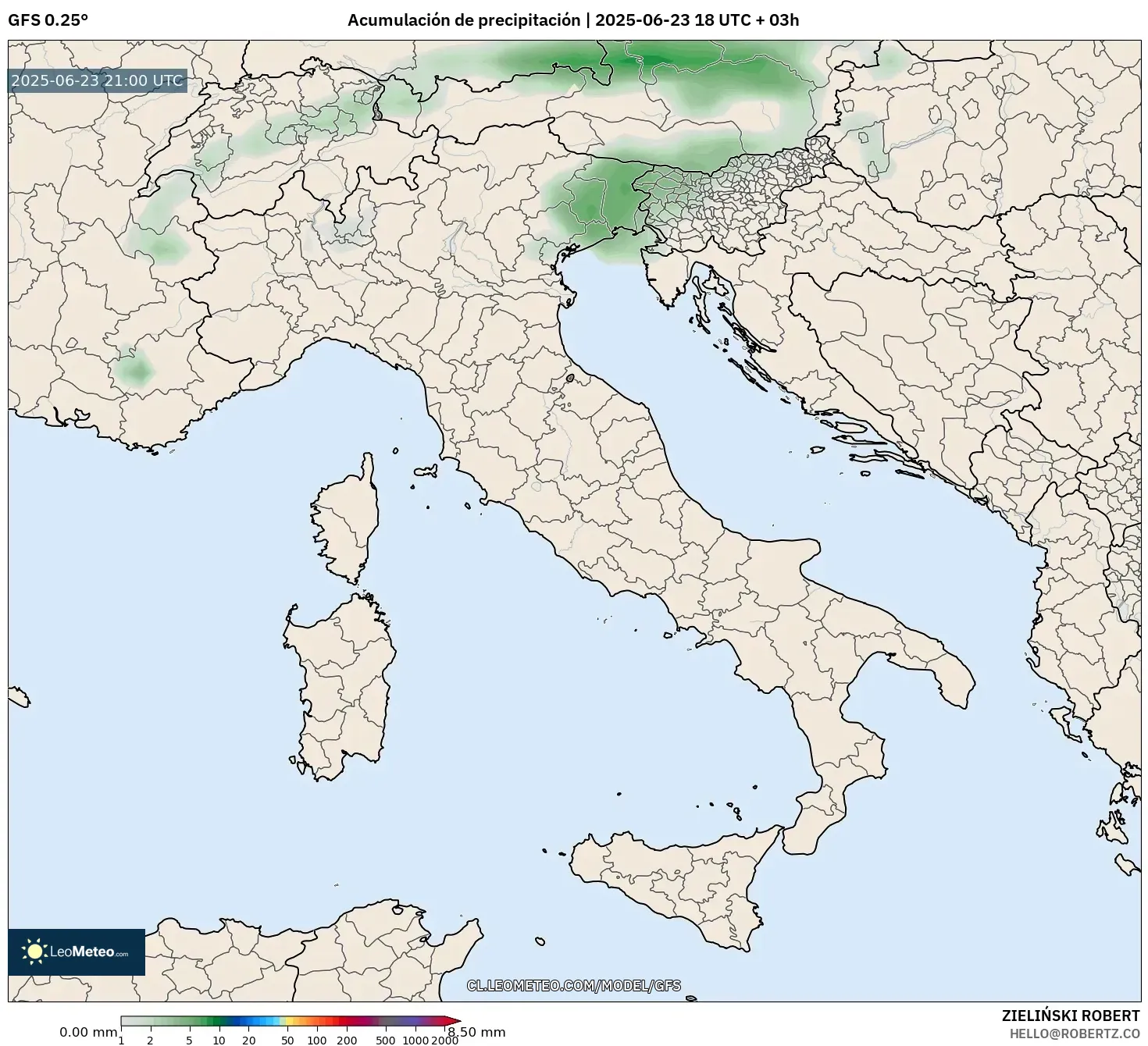 GFS model - Italia, Acumulación de precipitación GFS model - Italia, Acumulación de precipitación