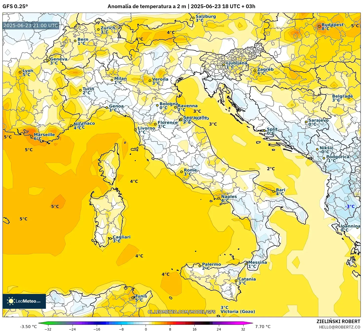 GFS model - Italia, Anomalía de temperatura a 2 m GFS model - Italia, Anomalía de temperatura a 2 m