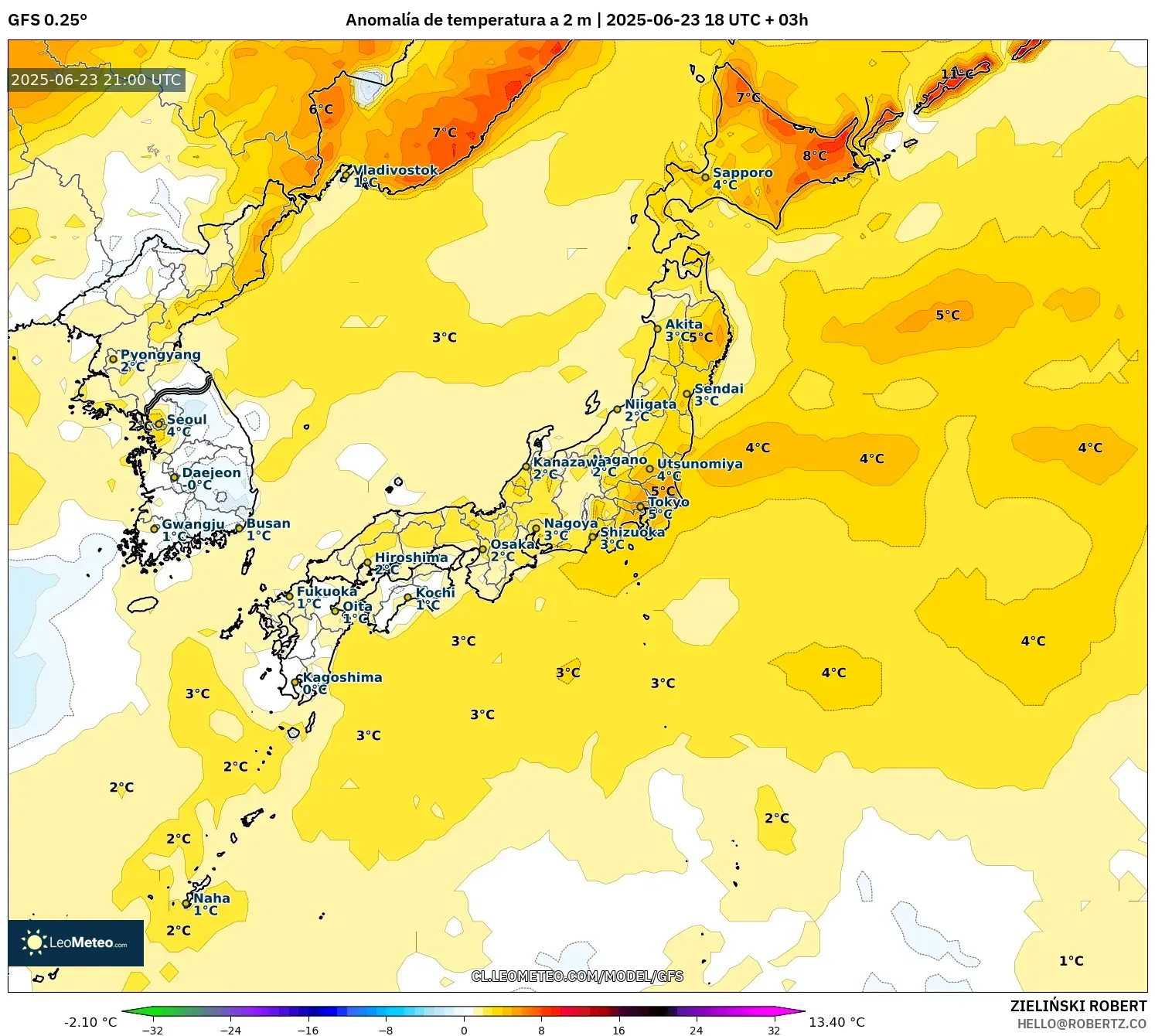 GFS model - Japón, Anomalía de temperatura a 2 m GFS model - Japón, Anomalía de temperatura a 2 m