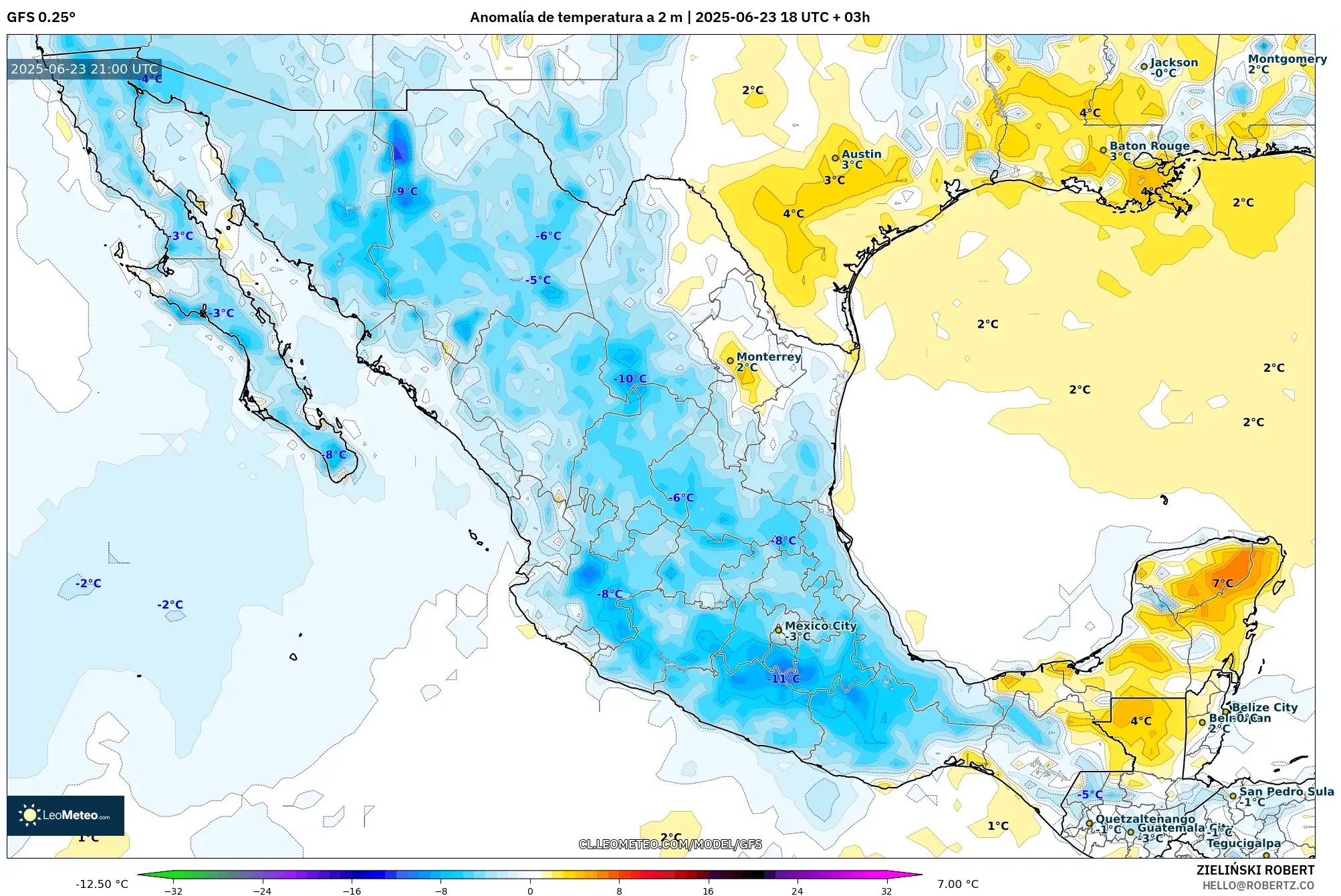GFS model - México, Anomalía de temperatura a 2 m