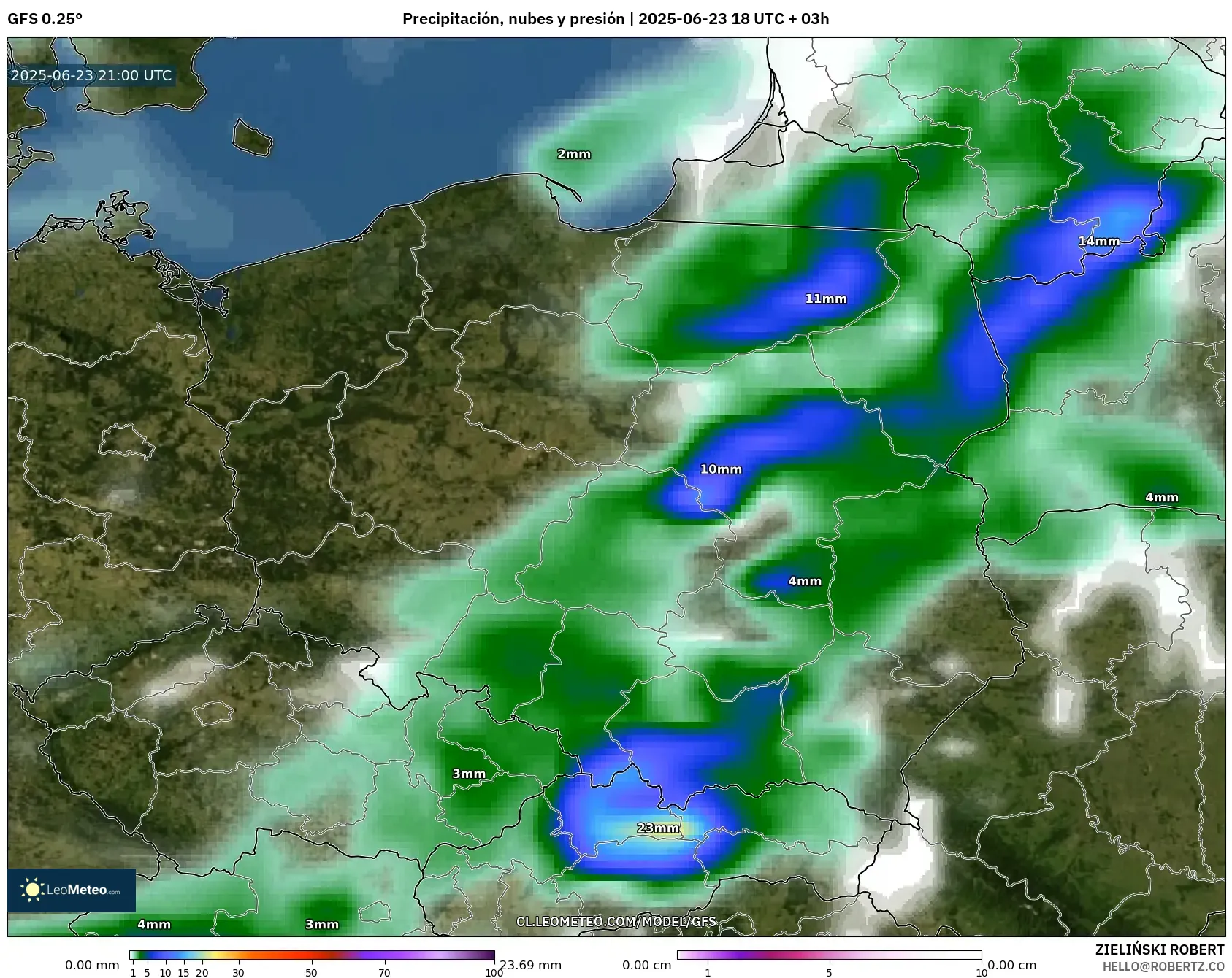 GFS model - Polonia, Precipitación, nubes y presión GFS model - Polonia, Precipitación, nubes y presión