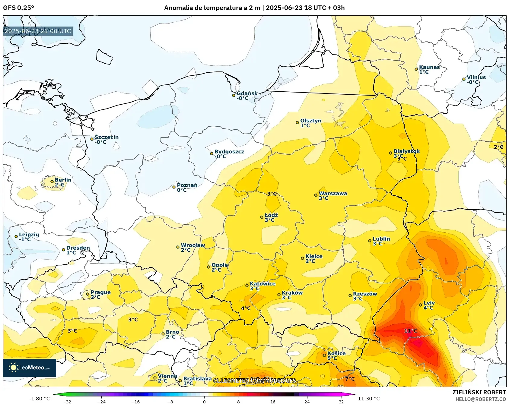 GFS model - Polonia, Anomalía de temperatura a 2 m GFS model - Polonia, Anomalía de temperatura a 2 m
