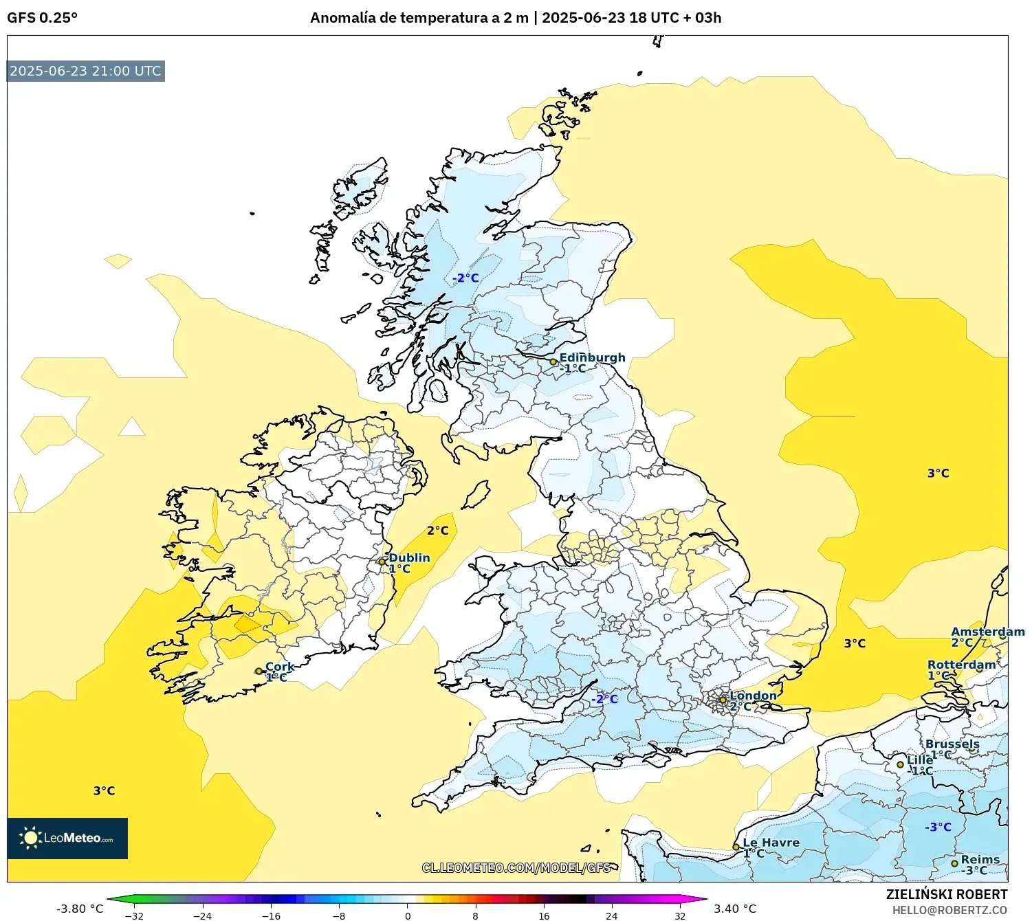 GFS model - Reino Unido, Anomalía de temperatura a 2 m GFS model - Reino Unido, Anomalía de temperatura a 2 m