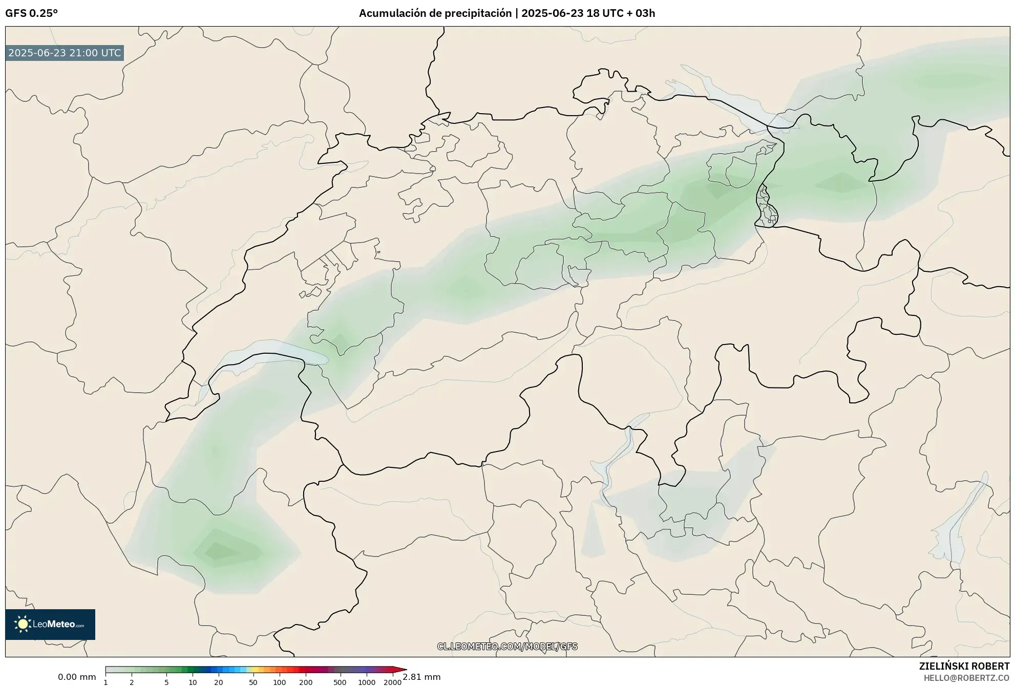 GFS model - Suiza, Acumulación de precipitación GFS model - Suiza, Acumulación de precipitación