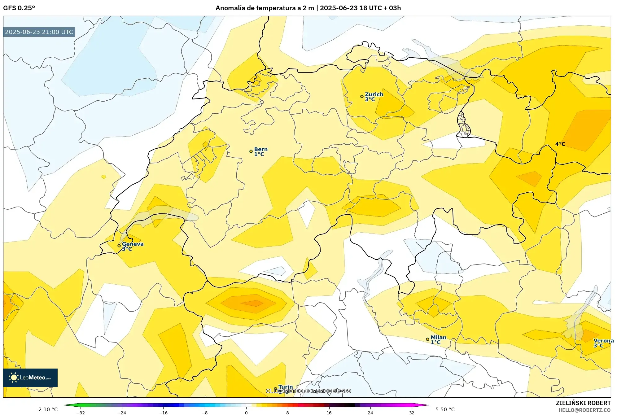 GFS model - Suiza, Anomalía de temperatura a 2 m GFS model - Suiza, Anomalía de temperatura a 2 m