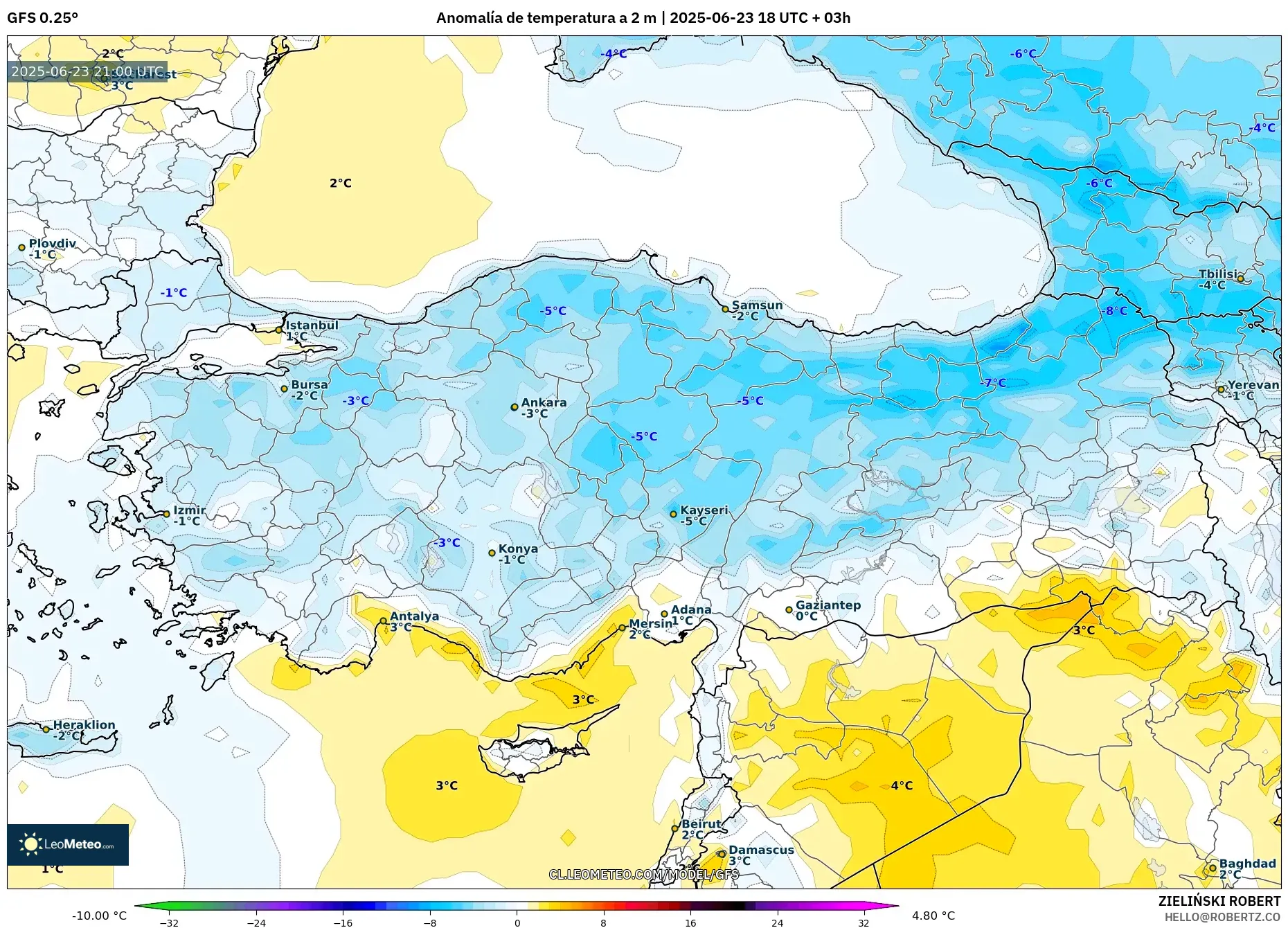 GFS model - Turquía, Anomalía de temperatura a 2 m GFS model - Turquía, Anomalía de temperatura a 2 m