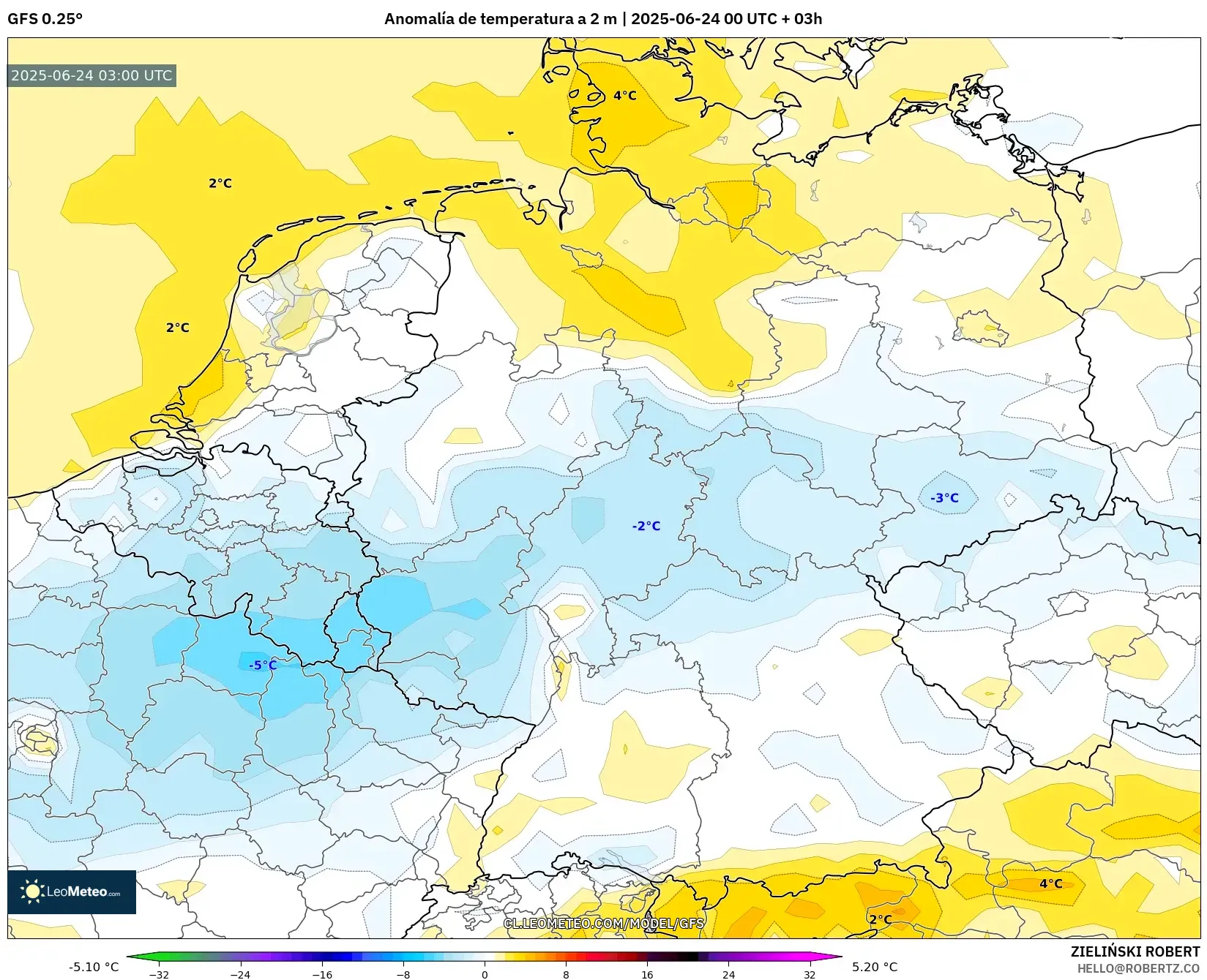 GFS model - Alemania, Anomalía de temperatura a 2 m GFS model - Alemania, Anomalía de temperatura a 2 m