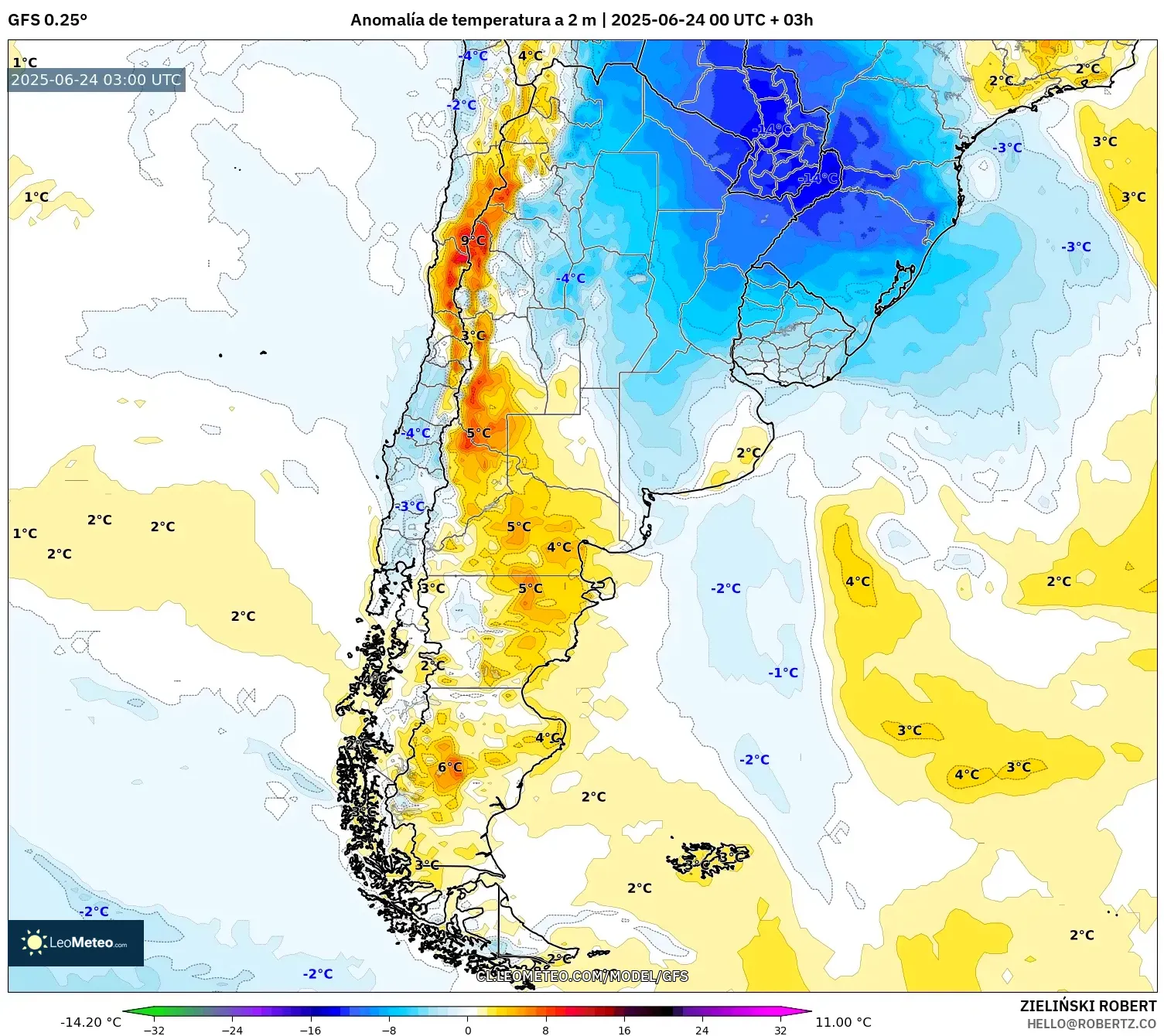 GFS model - Argentina, Anomalía de temperatura a 2 m GFS model - Argentina, Anomalía de temperatura a 2 m